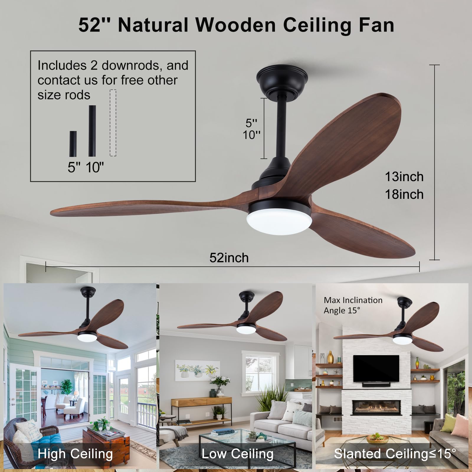 BOJUE 52 inch Ceiling Fan with Light, Dimmable LED, Walnut Wood Blades, Modern Indoor/Outdoor Ceiling Fan for Living Room and Patio