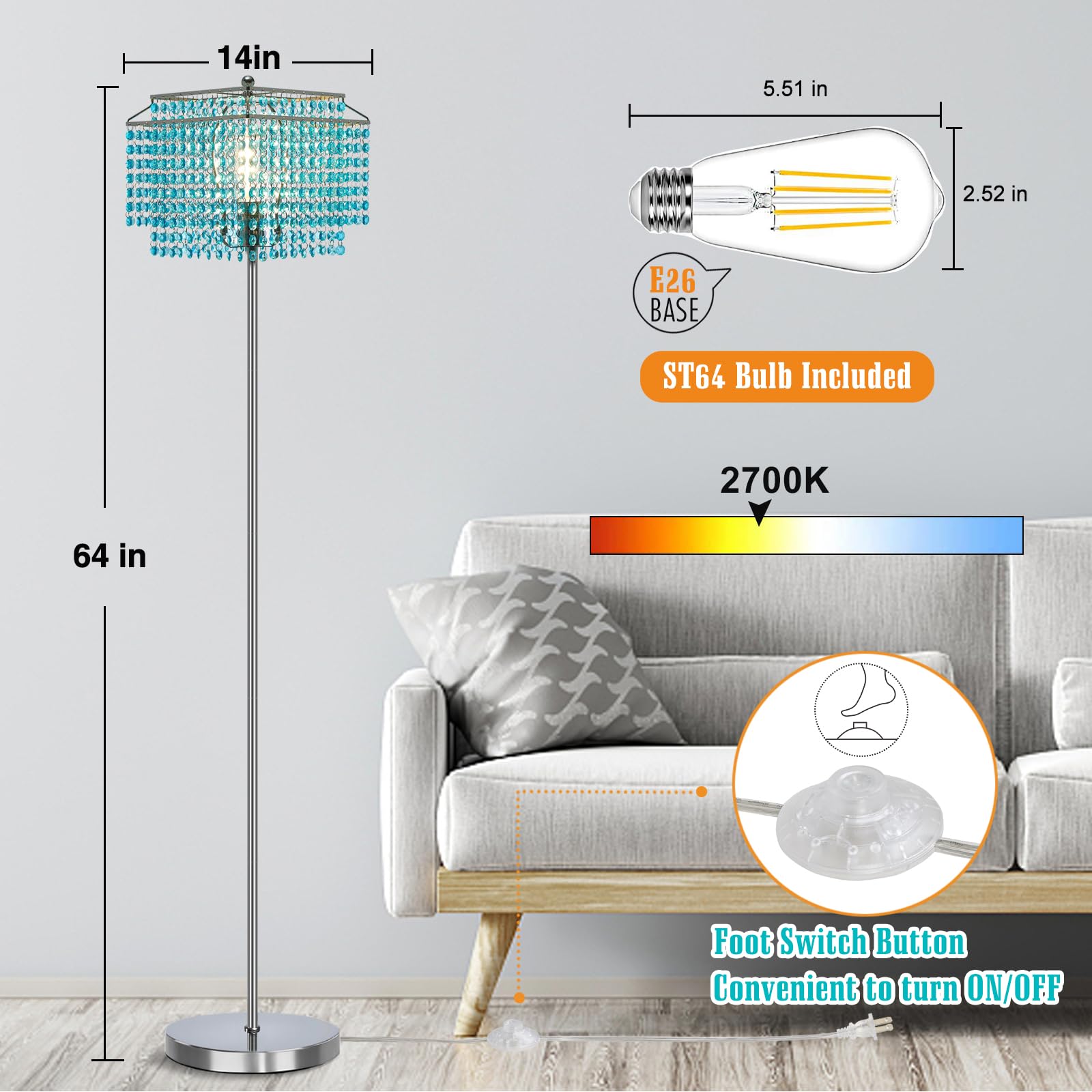 Luvkczc Crystal Floor Lamp Blue, 64'' Tall Elegant Standing Lamp With On-Off Foot Switch, Double-Layer Lampshade, Light Blue Sta