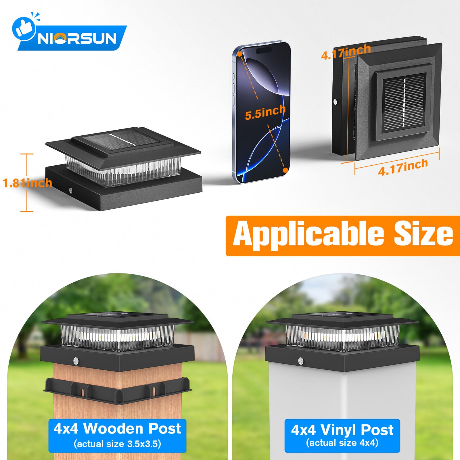NIORSUN Solar Post Cap Lights, 6 Pack RGB Color Changing, Waterproof for 4x4 Wood Vinyl Posts, Black, Model M013RGB-N