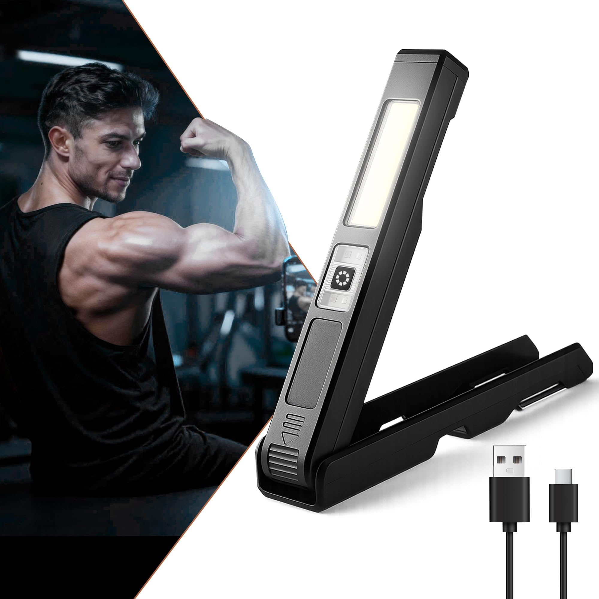 Guankai Gym Lamp for Posing  Rechargeable Home Gym Lighting  Magnetic Led Work Light with 180 Rotate Foldable  Mini Camping Lights Samll Lamps with Hang Hook for Bodybuilding