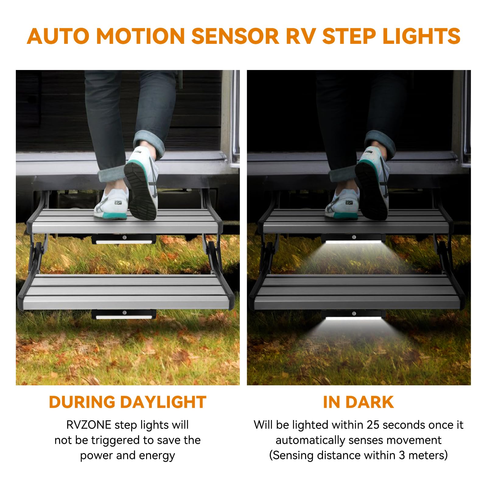 RVZONE Motion Activated LED Step Lights, IP65 Waterproof, Battery Operated, 2 Pack, White Light, Model RTJCWPK
