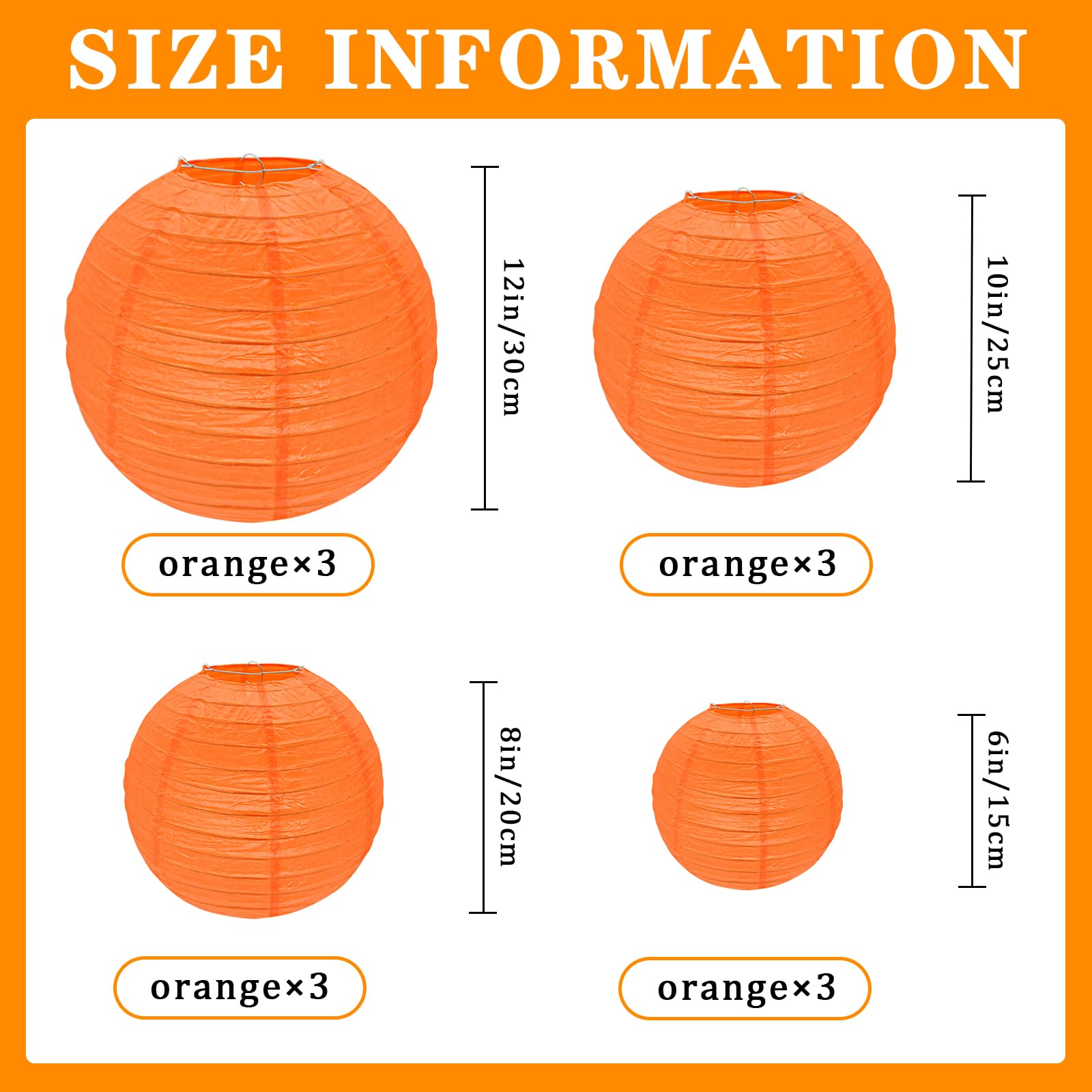 Peywot 12Pcs Round Paper Lanterns, Assorted Sizes (6in 8in 10in 12in), Orange, Paper, Model ST-DL-Par12 for Home and