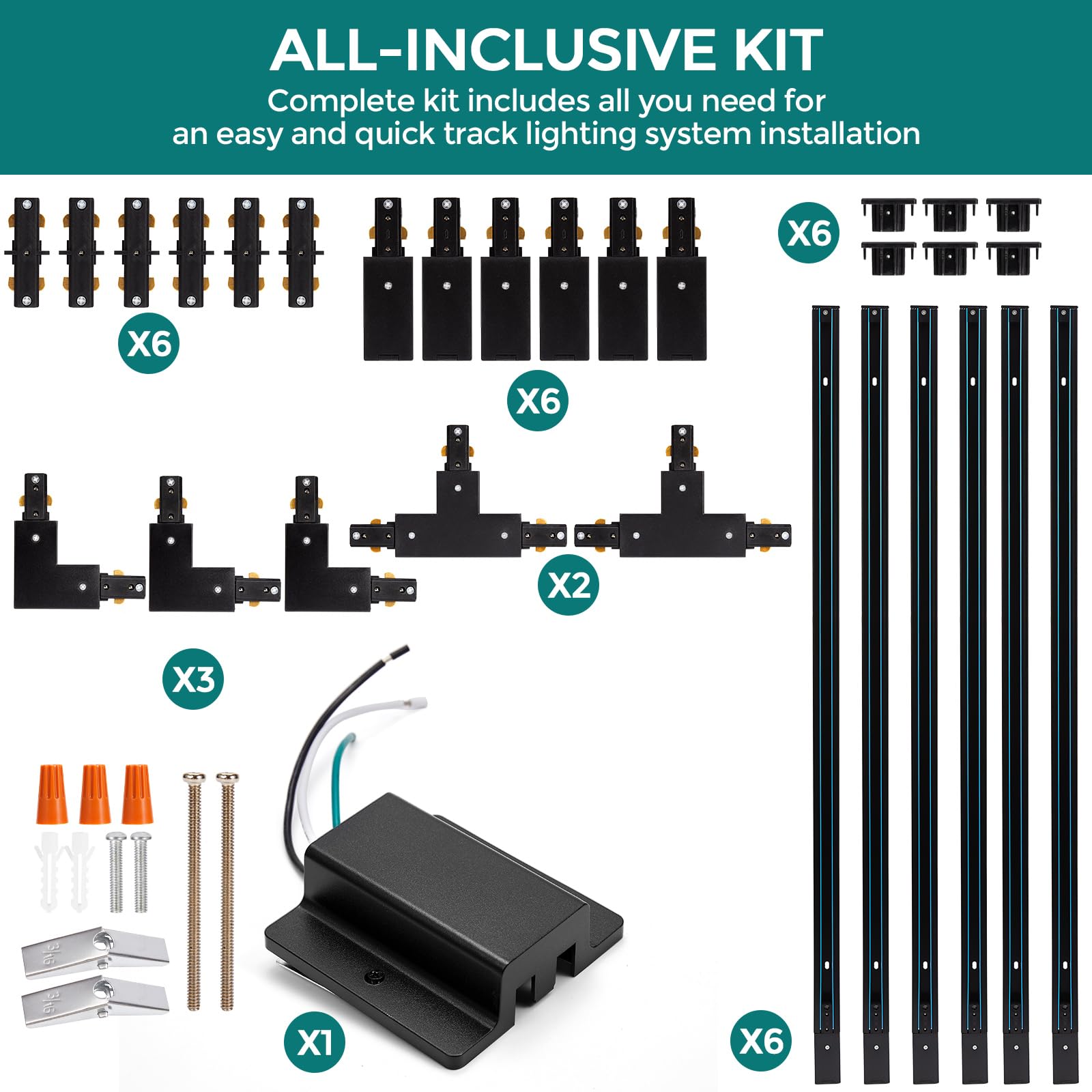 iCreating H Track Lighting Rails Kit, 20ft Black Aluminum, Model IC-TLAC-17, Includes Floating Canopy and Connectors