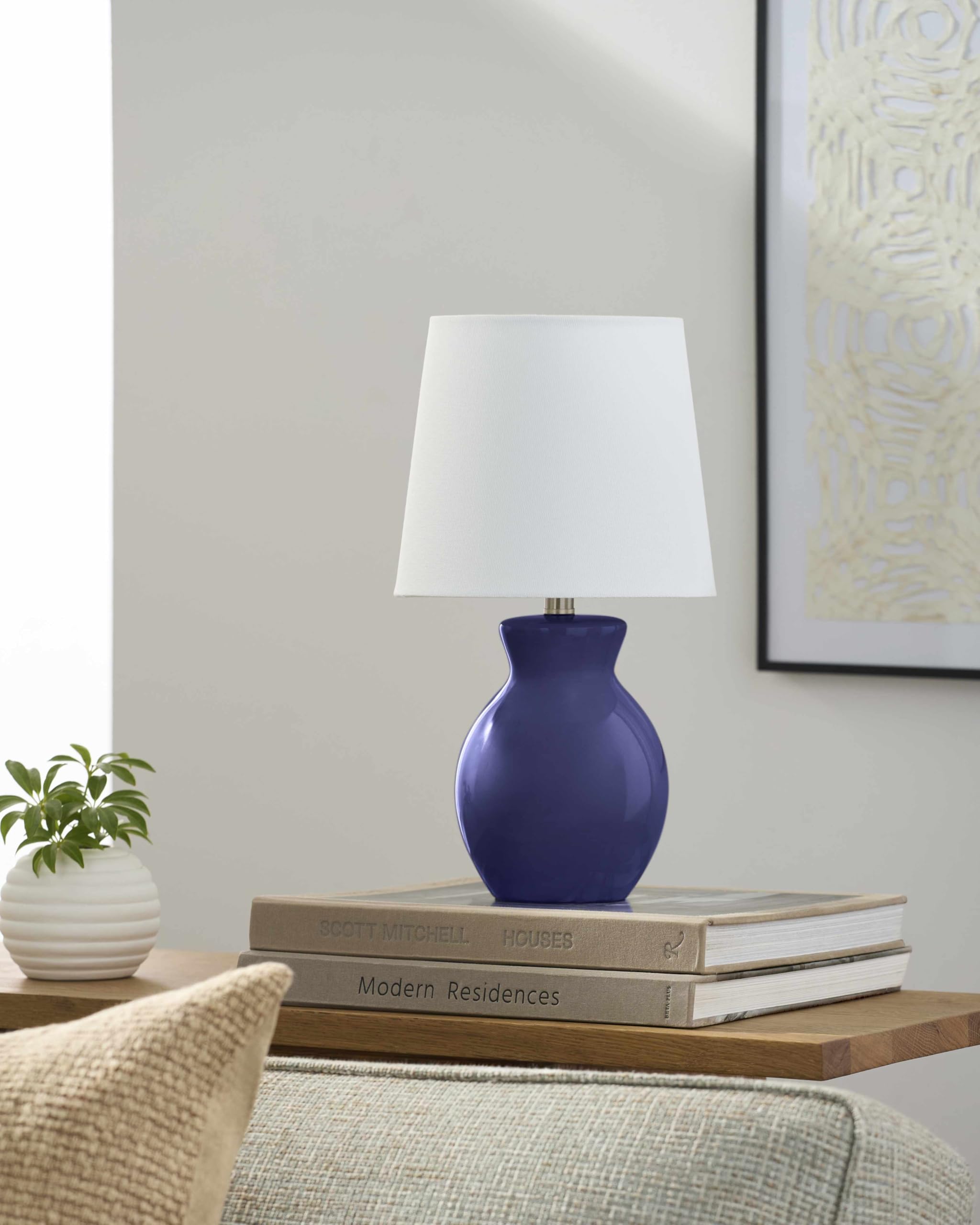 BoutiqueRugs Ceramic Bedside Table Lamp - 15inH, Navy/White, Tapered Shade for Bedroom/Nightstand - Model SPXZVA8-029
