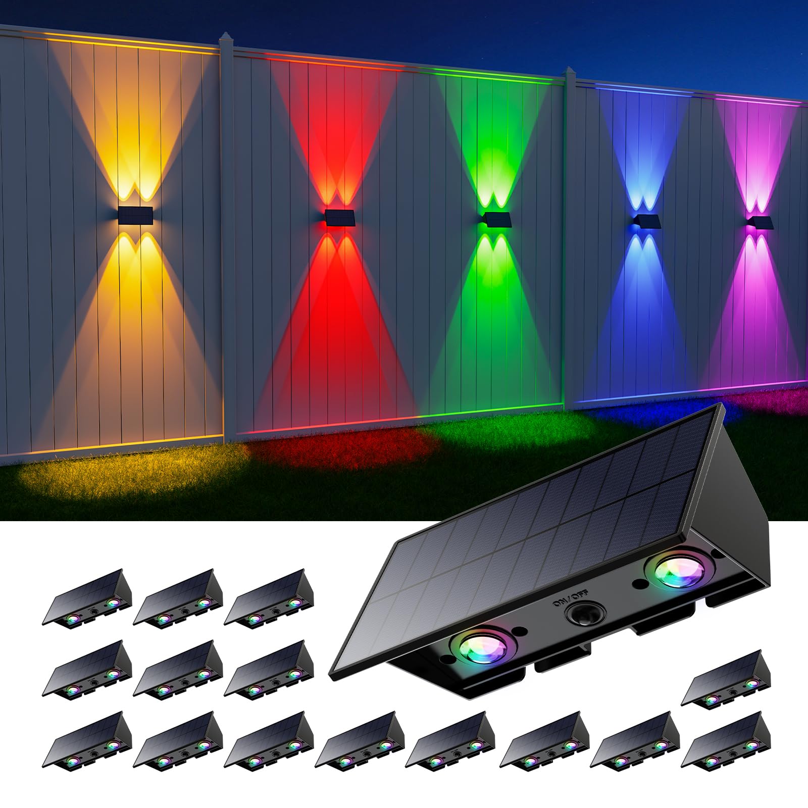 16 Pack Color Changing Solar Up and Down Fence Lights Outdoor Wall Mount Decorative LED Waterproof Decor Lamps for Outside Deck,