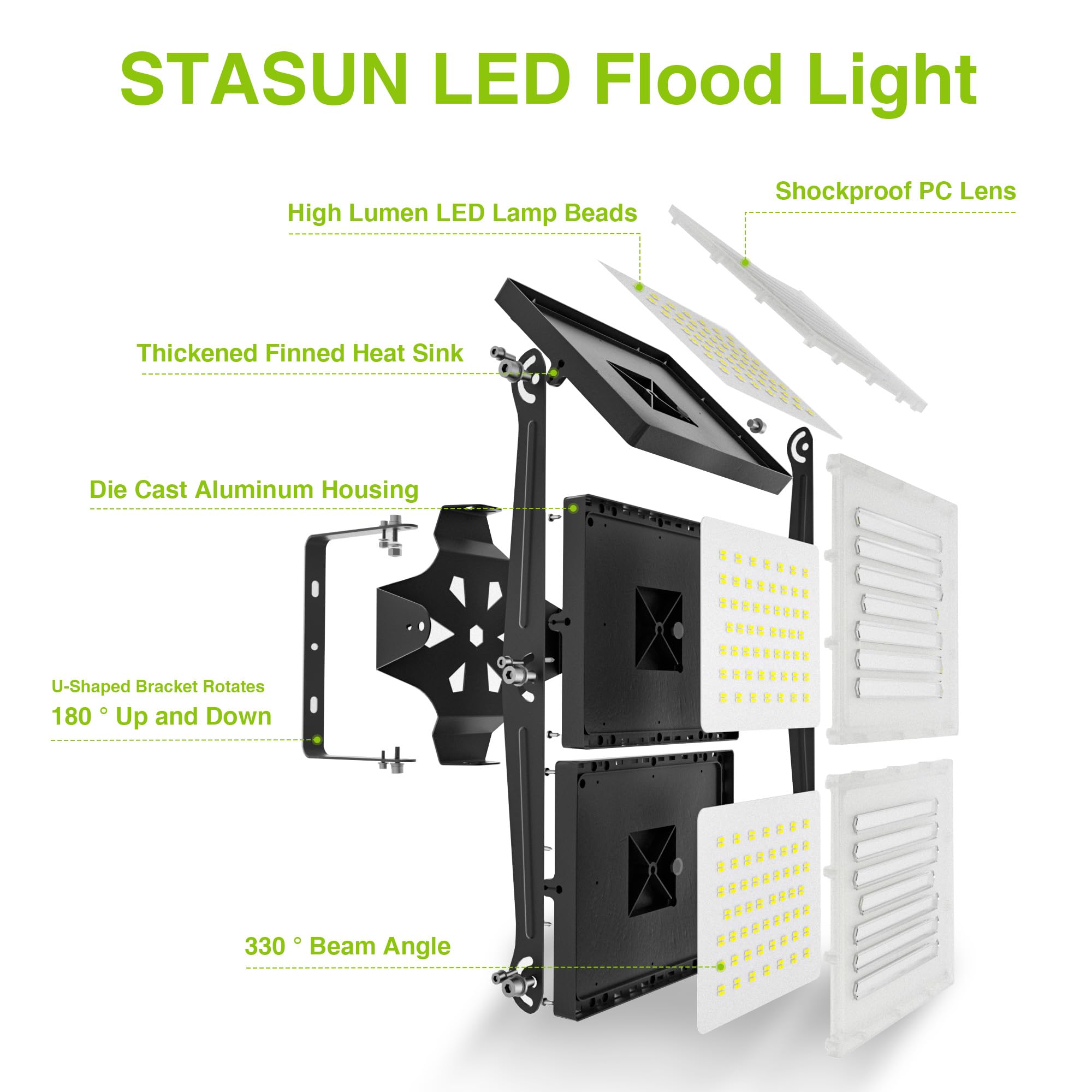 2 Pack Led Flood Lights Outdoor, Stasun 480W 48000Lm 6000K Daylight White Ip66 Waterproof, Commercial Parking Lot Lights, 3 Head