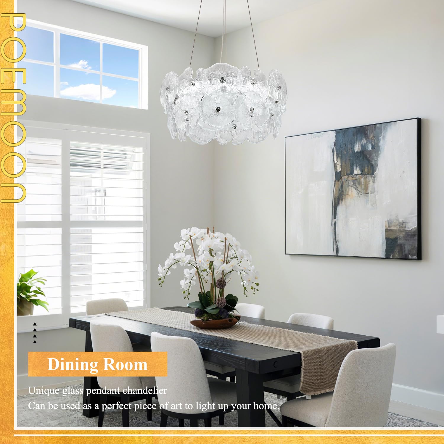 Poemoon Modern Glass LED Chandelier 20in Dimmable Black Lotus Leaf with Remote Control Model 56-500B for Living Room Foyer Dining Room