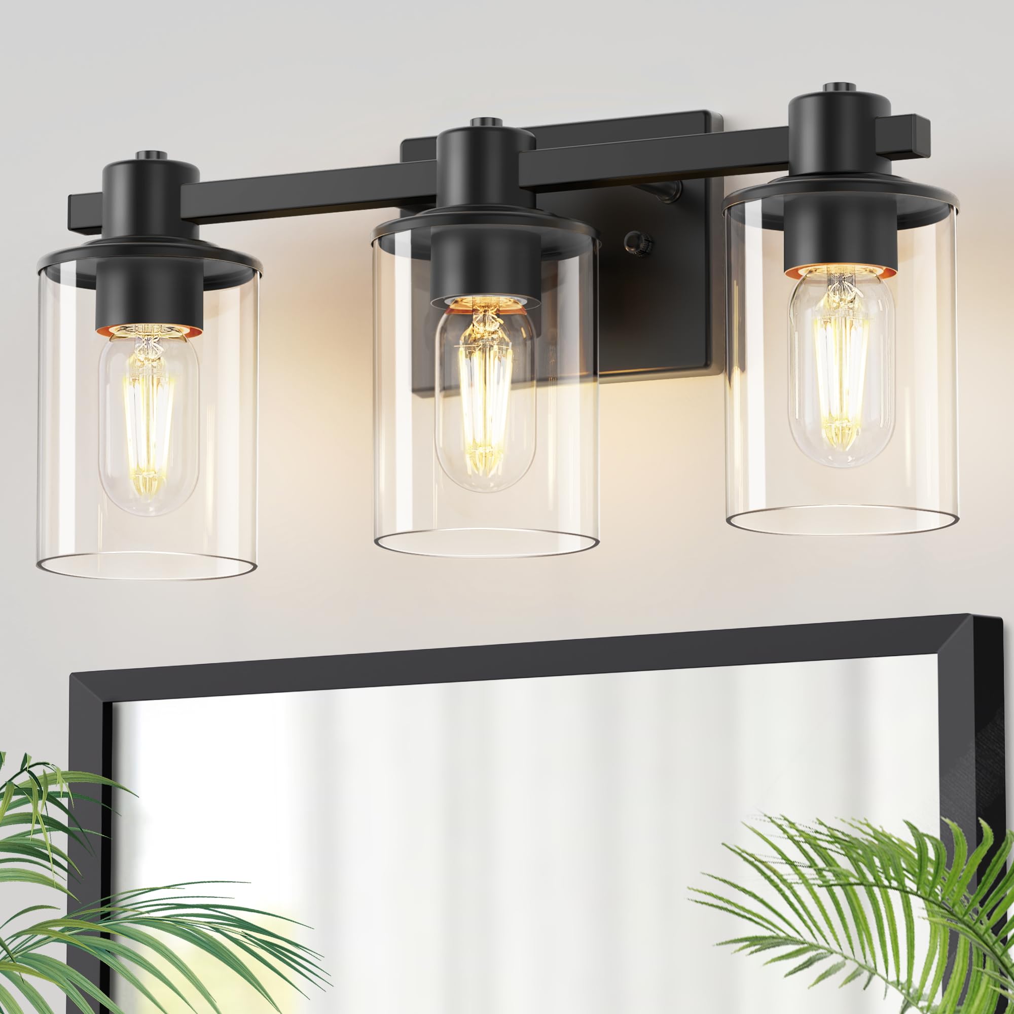 DORESshop 3-Light Bathroom Light Fixtures, Modern Black Vanity Lights with Clear Glass Shade, Model D-JQD07T3BLE26