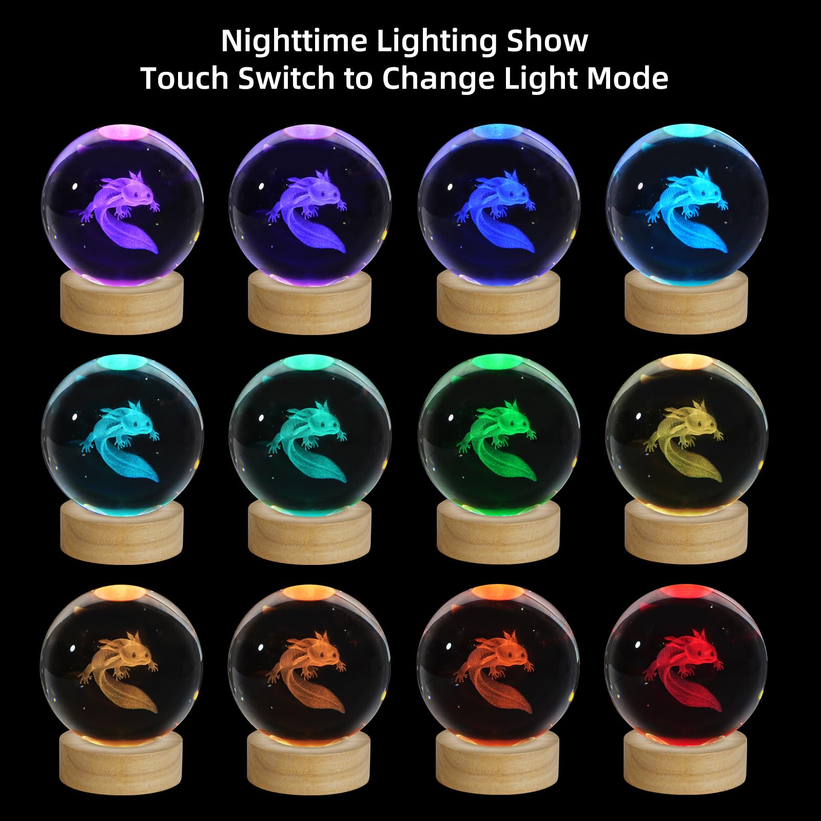 Zxblaq 3D Axolotl Crystal Ball Night Light, Upgraded 3.15 Inch Glass Ball Lamp With 16 Color Led Wooden Base, Axolotl Decor Birt