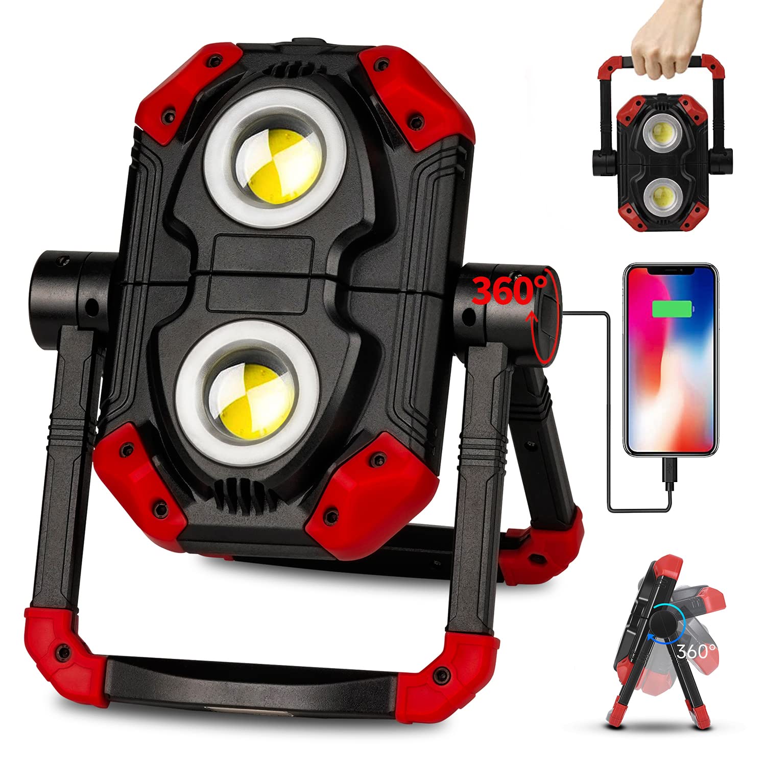 Led Work Light Rechargeable, 2 Cob 2500Lm Folding Portable Flood Light With Magnetic Base And 360° Rotation Stand, Waterproof Spotlights For Camping, Car Repairing, Emergency And Job Site Lighting