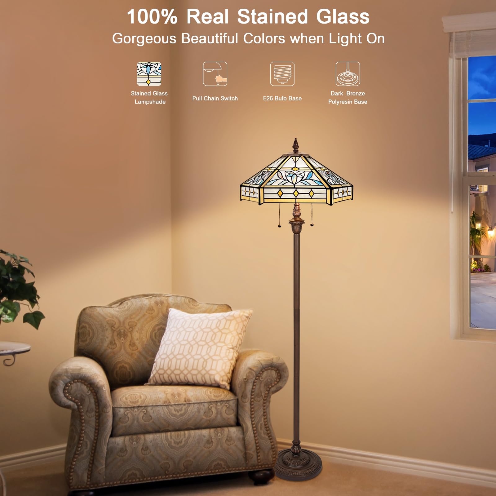 Capulina Tiffany Floor Lamp 2-Light 16X16X63 Inches Mission Hexagon Style Stained Glass Standing Reading Light For Living Room B