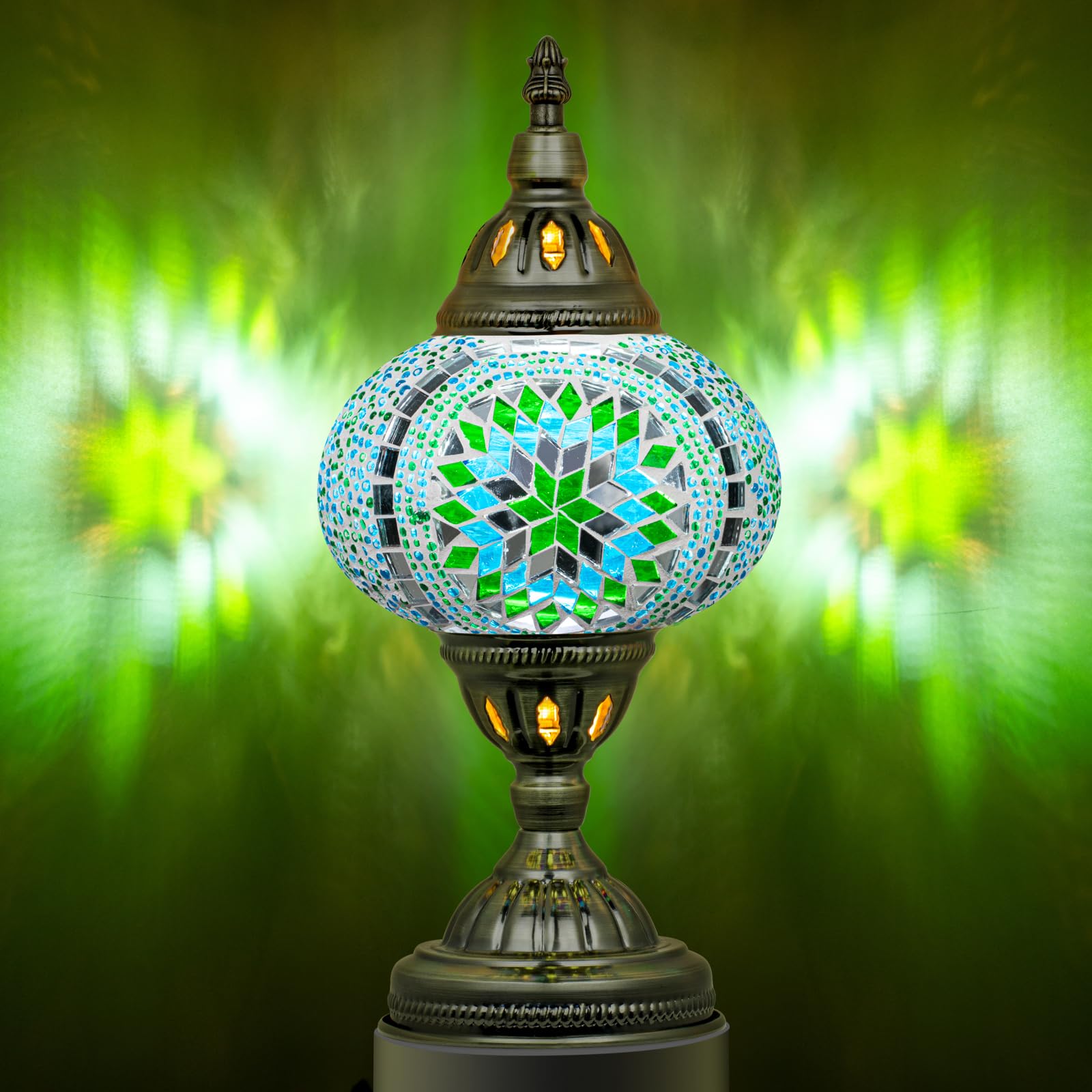 Marrakech Moroccan Mosaic Lamp, Handmade Glass Shard Light, Bronze Base, LED Bulb, Green, Model YMA401-15-LB01-TowerB