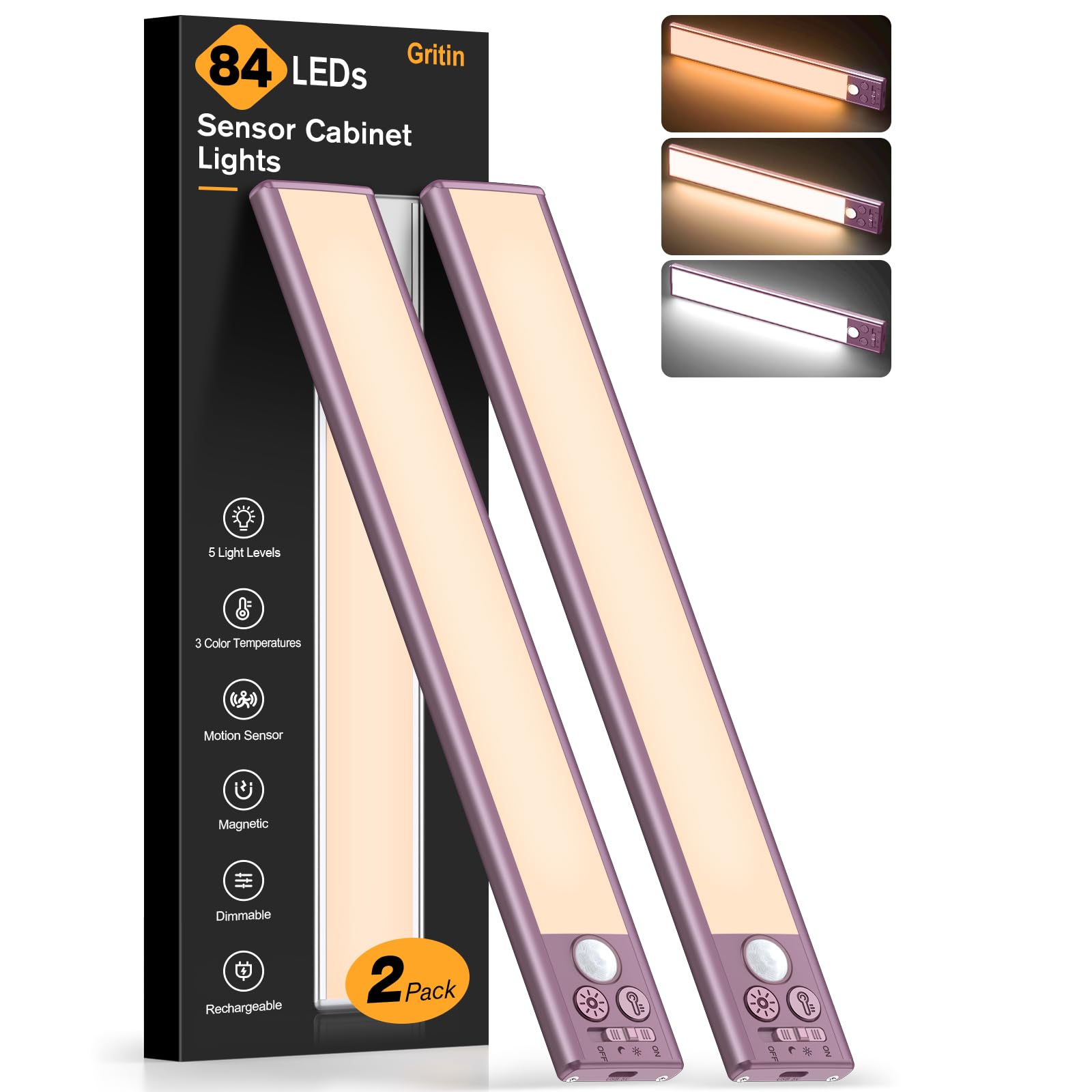 Gritin Under Cabinet Lighting - 84 LED, Rechargeable, 3-Color, Motion Sensor, 10.2 Inch, Mauve, Model G1358, 2 Pack