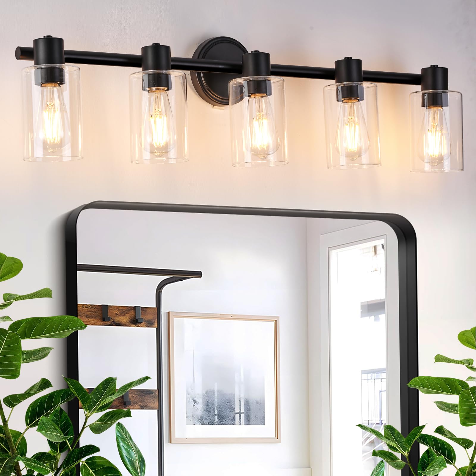 Alaislyc 5-Light Black Bathroom Wall Sconce With Clear Glass Lights For Vanity And Mirror