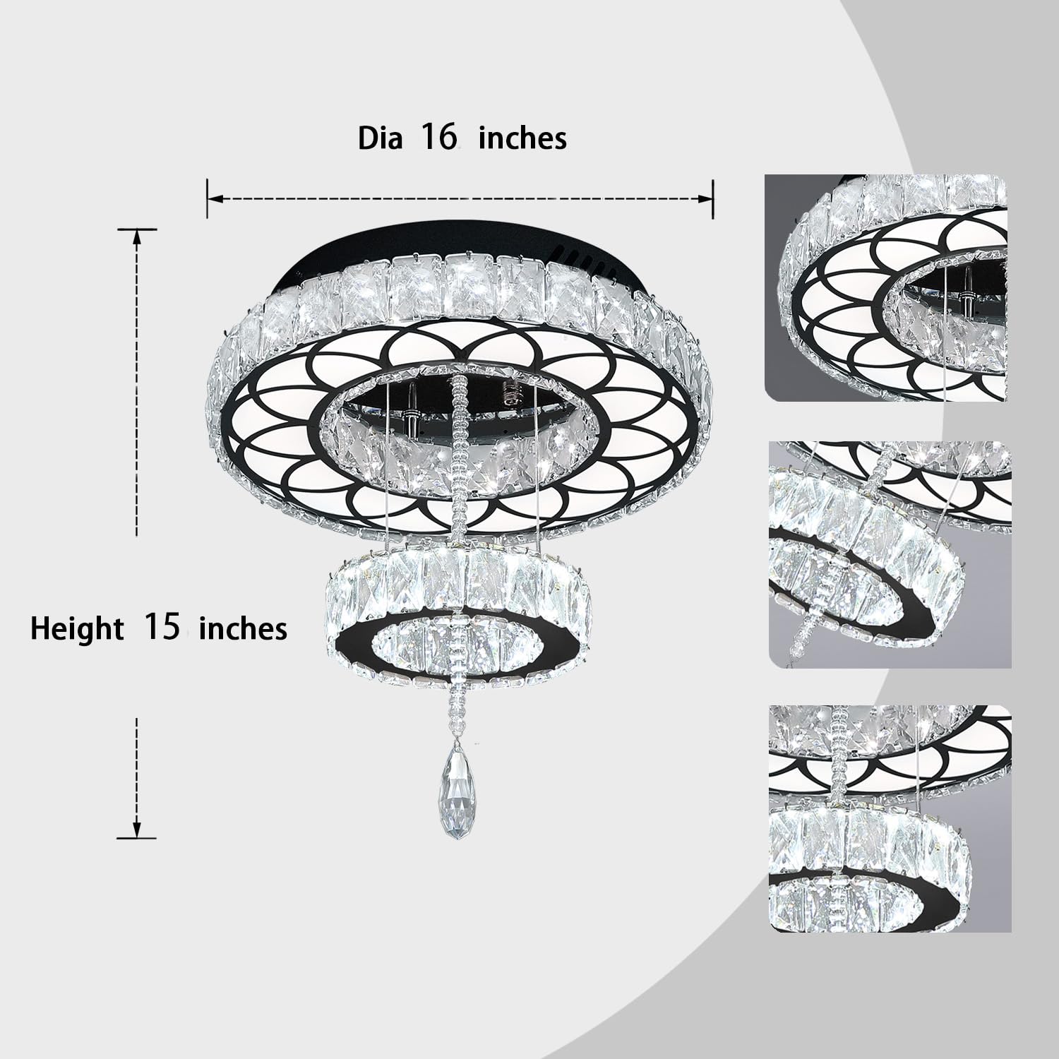 Flashing God 16" Crystal Chandelier Black LED Flush Mount Light for Living Room, Bedrooms, Dining Room - Dimmable 2700K/4500K/6000K