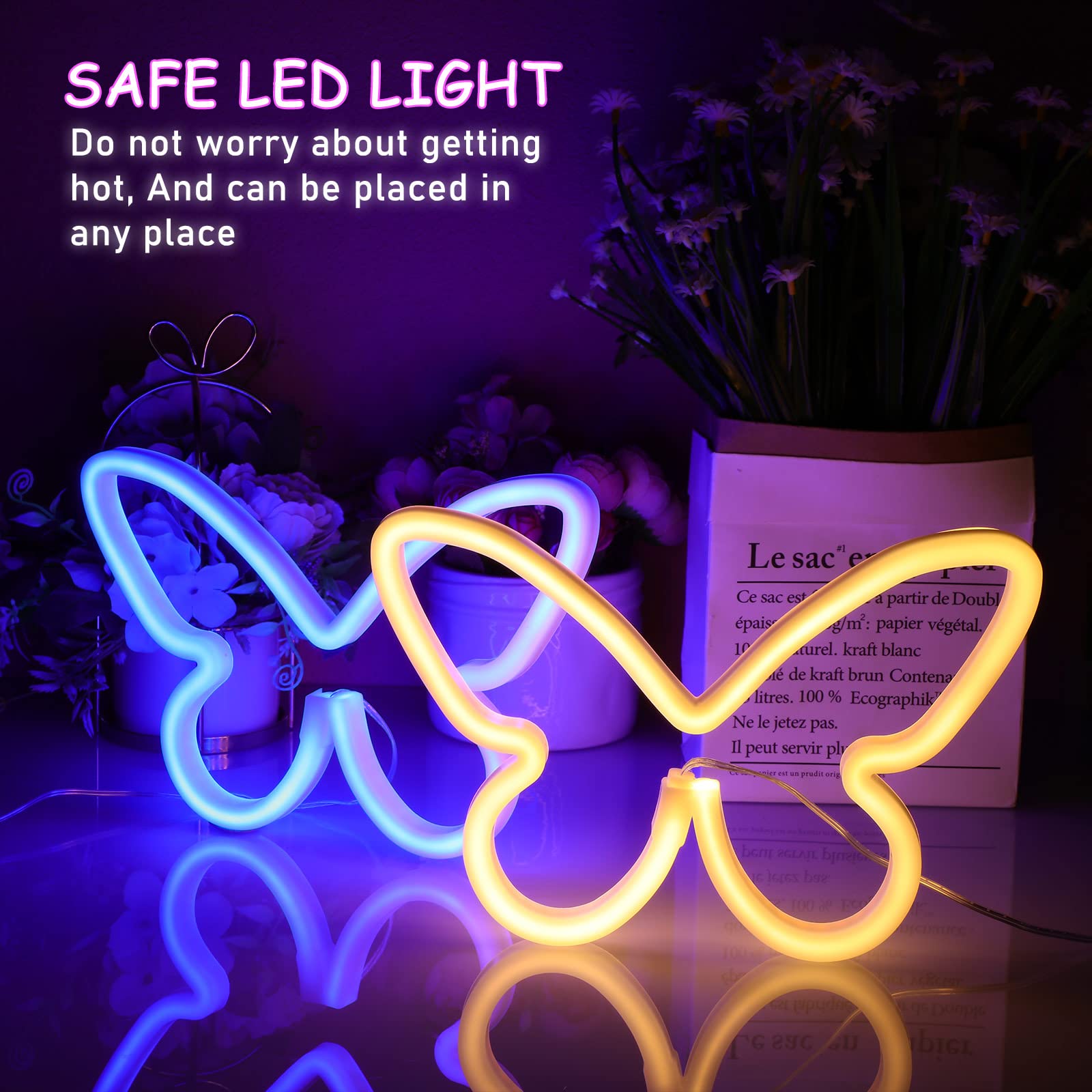 Riakrum Butterfly LED Neon Light Decor - 2 Pcs, USB & Battery Operated, Blue & Warm White, Model Riakrum-Signs Butterfly LED Light-026