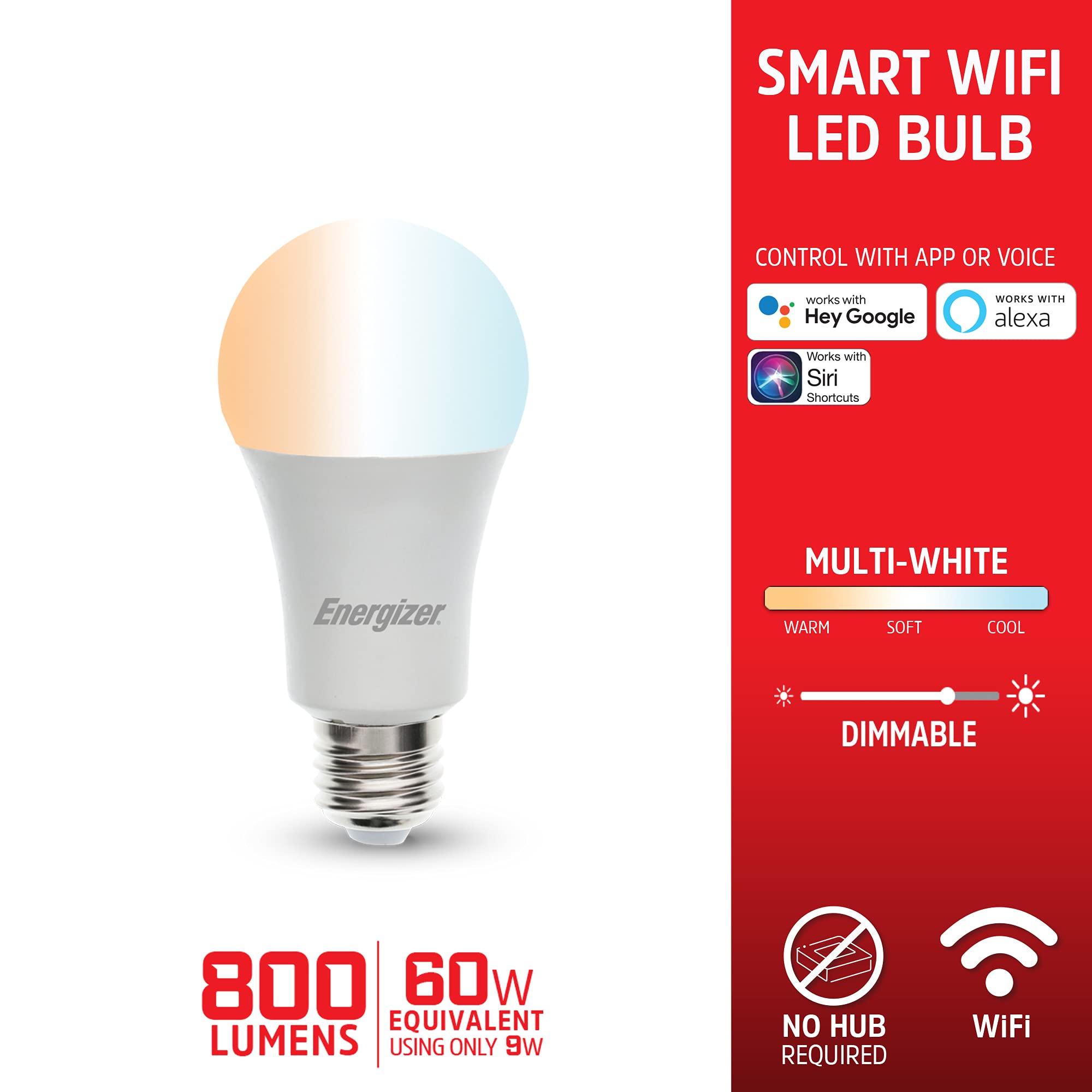 Energizer Connect Smart A19 Led Bulb - Multi-White, Voice Control, Alexa & Google Compatible