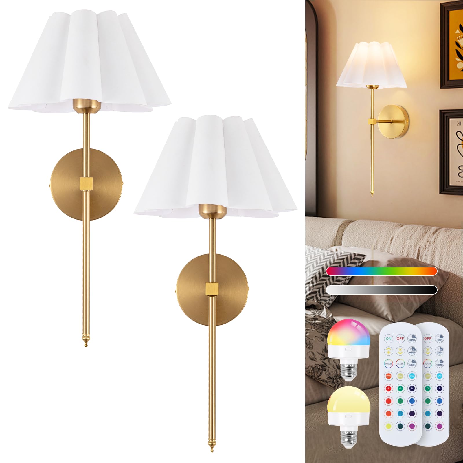 EIDEARAY Battery Operated Wall Sconces, White Fabric Lampshade, Rechargeable Wireless, 20 inches, Model WL-BN1717-18