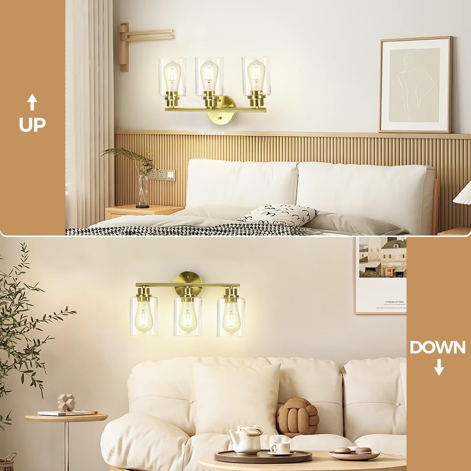 3-Light Brushed Gold Bathroom Vanity Lighting Fixtures Over Mirror, Modern Wall Sconces With Clear Glass Shade, Wall Mounted Lamp For Bedroom Hallway Living Room Kitchen,Bulb Not Included