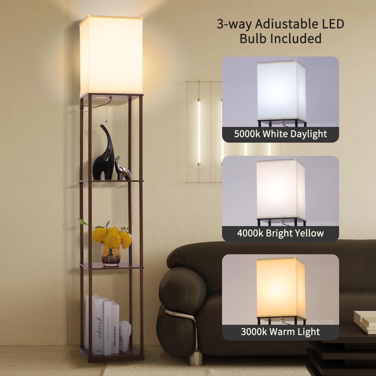 Gupuzm Floor Lamp with Shelves, Modern Wood Design, 3 Color Temperatures, Brown, Model PFL-007
