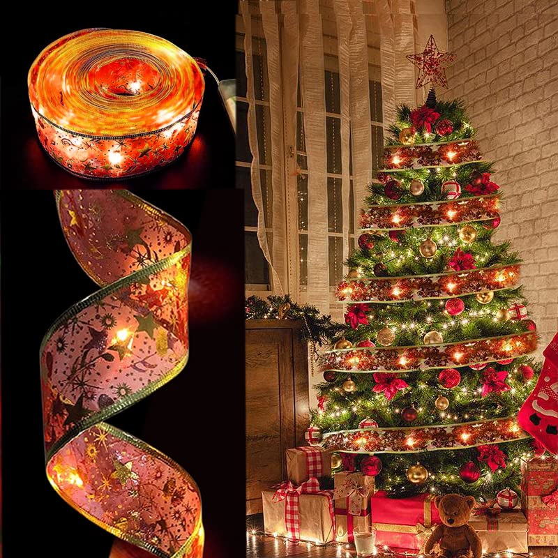 Ribbon Lights for Christmas Tree Decorations,32ft 100 LED Lights Red Edge Wired Ribbon Fairy Lights for Xmas Tree Wedding Birthday Party Home Holiday Decor