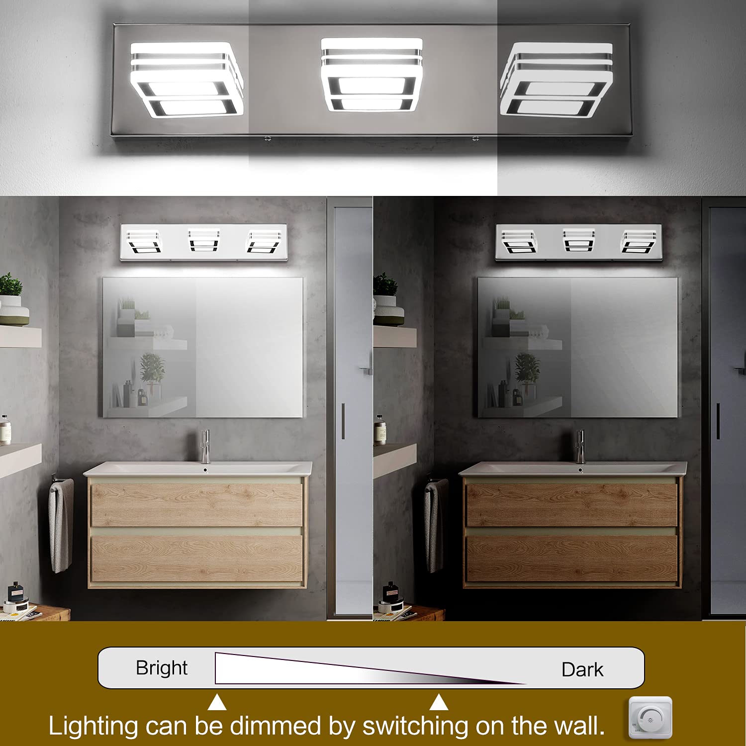 SOLFART Modern Dimmable Bathroom Vanity Lights, 3 Light Over Mirror, Chrome, Aluminum, Model S9660-3T-Chrome