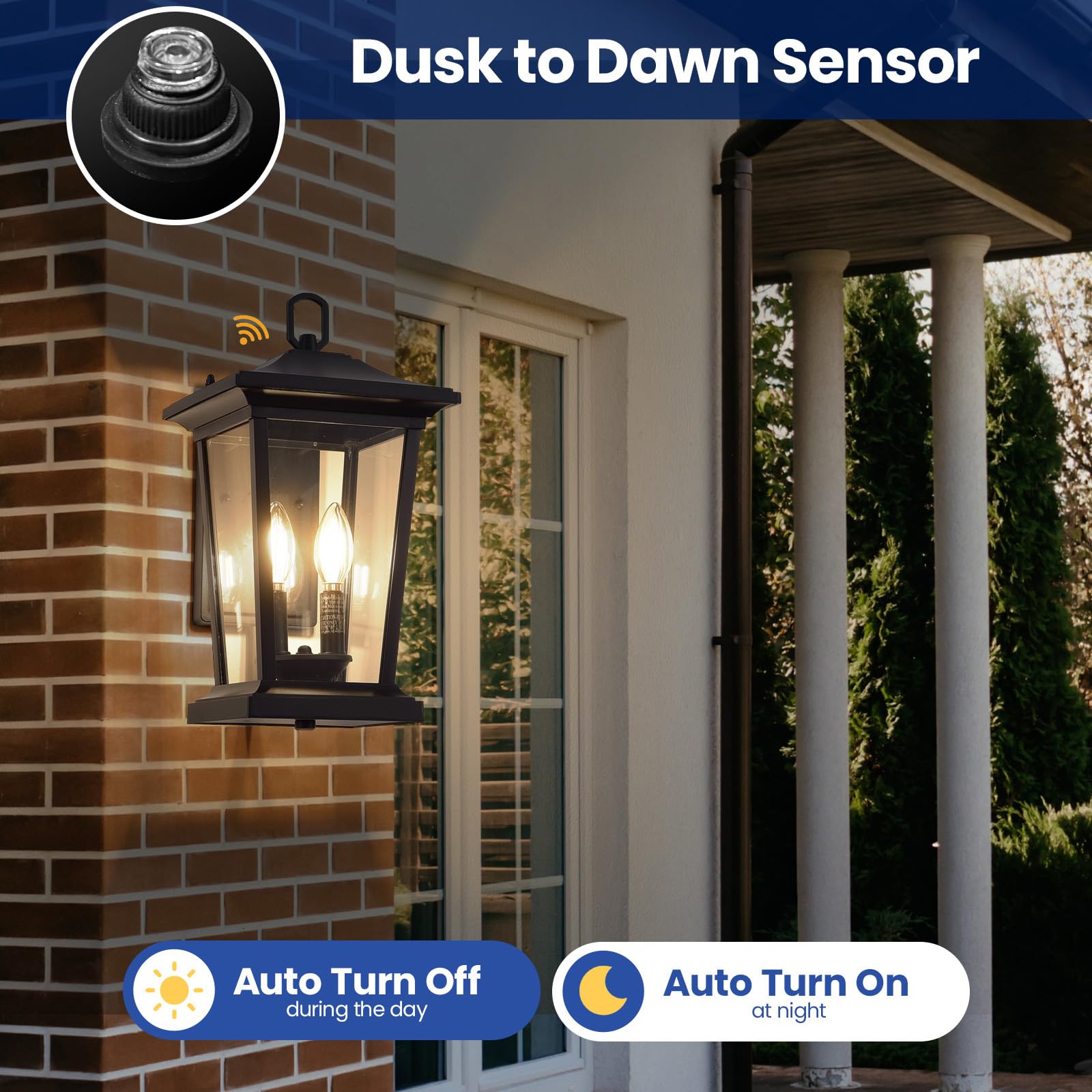 Smeike Dusk to Dawn Outdoor Wall Lantern, Large Waterproof Sconce Light Fixture, E12 Base, Aluminum, Black, Model A272-1-SR, With Sensor