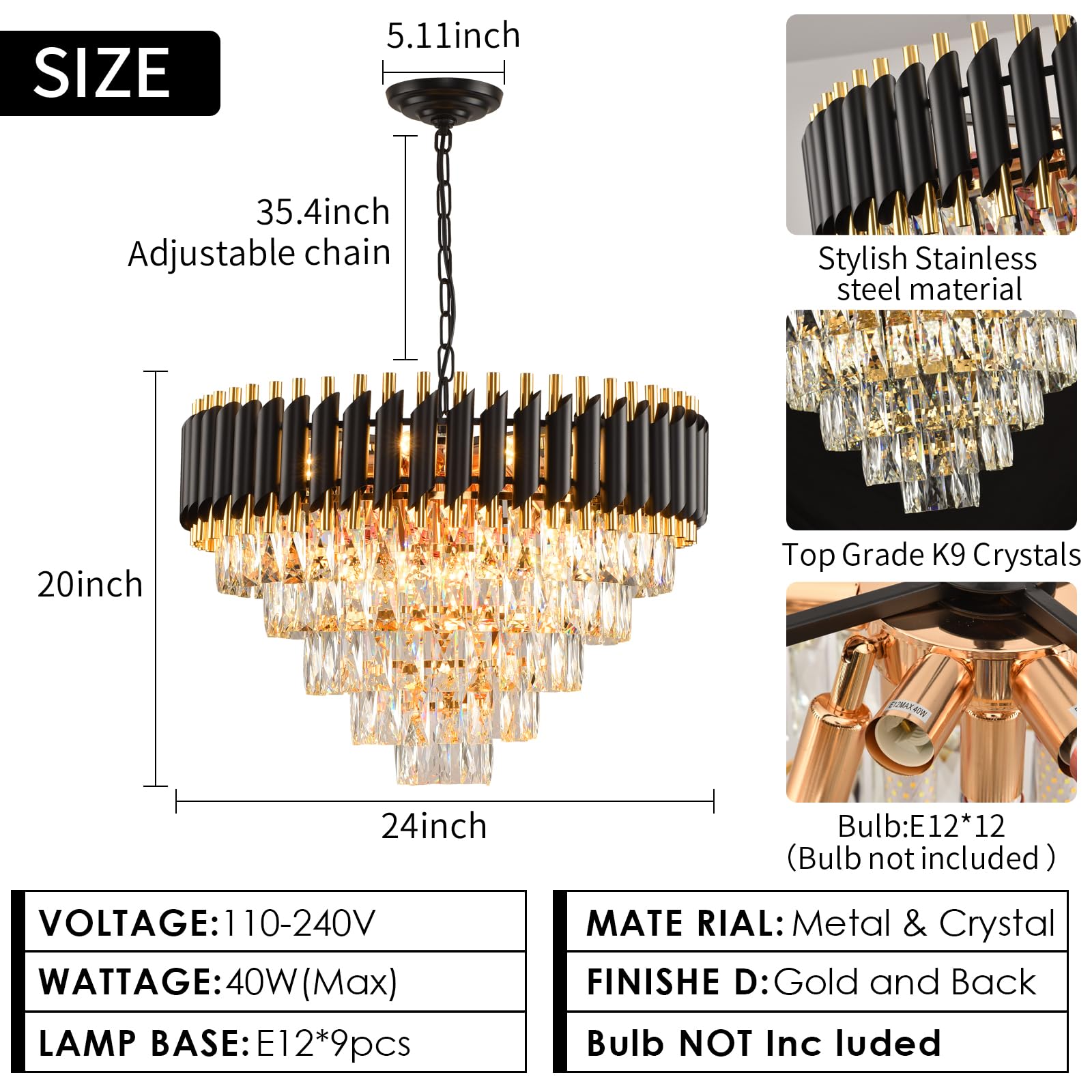 Gold Modern Crystal Chandelier 5-Tier Round Living Room Chandelier Light Fixture Black Large Crystal Chandeliers Pendant Ceiling