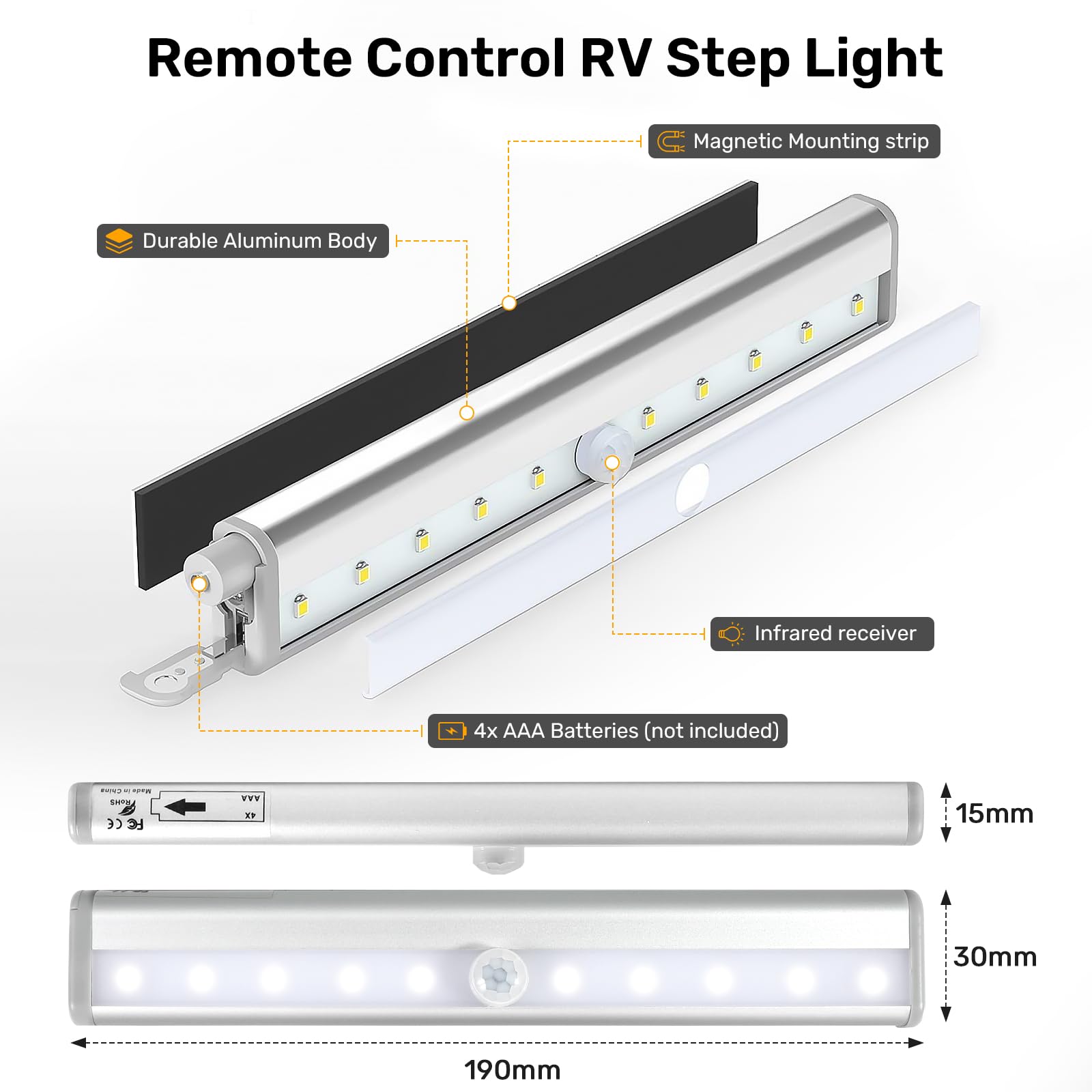 Fymblin RV Step Lights, 10 LED Battery Operated, Remote Control, 7.5in, Aluminum, White Light, Model RV-03, 3 Pack