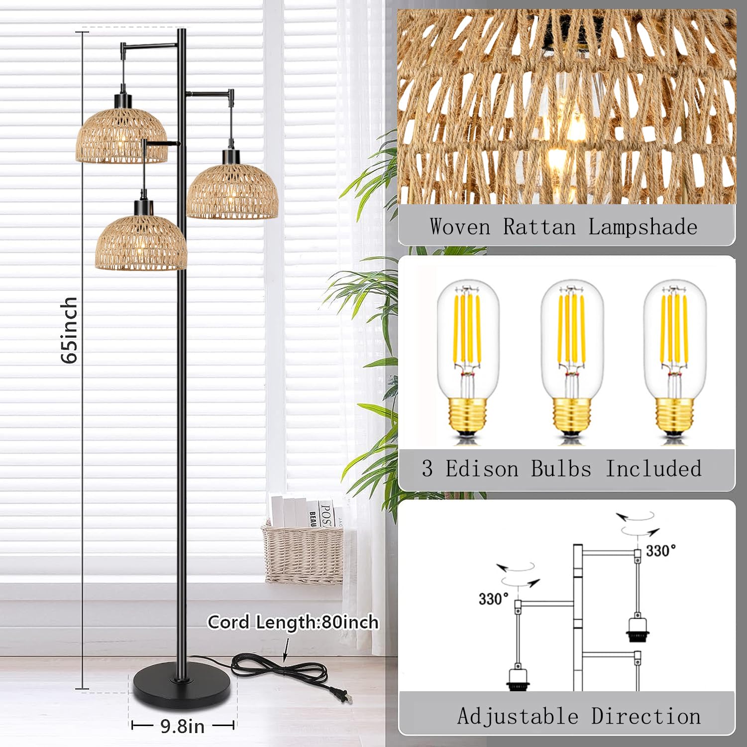 Qiyizm Floor Lamp For Living Room,Bedroom,3-Lights Boho Rattan Floor Lamps,Tree Farmhouse Industrial Black Standing Lamp Wicker