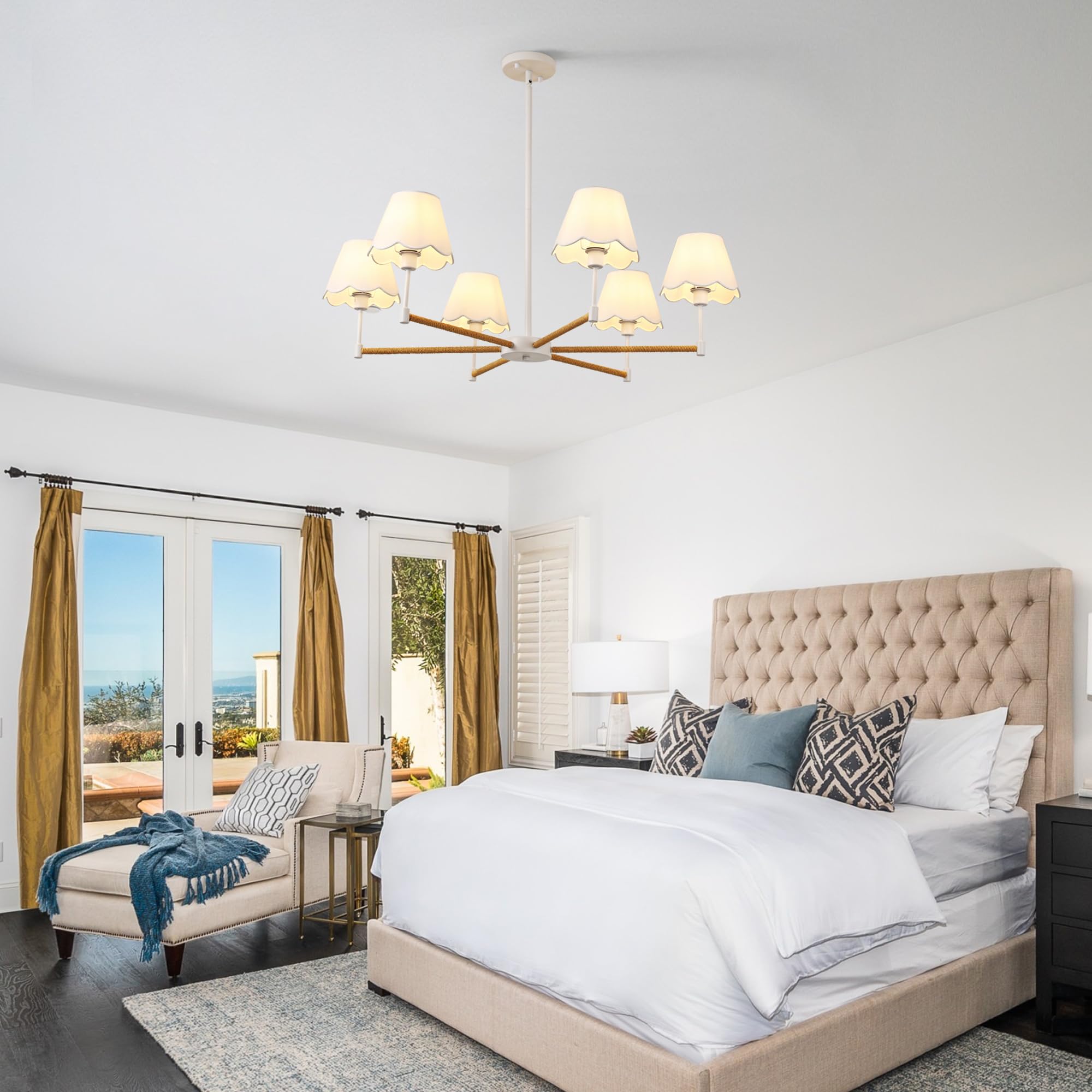 Farmhouse Rattan Chandelier With White Fabric Shade  6-Light Boho Chandeliers For Dining Room  Adjustable Rustic Pendant Light 37.5 Modern White Hanging Lighting For Kitchen Island  Living Room