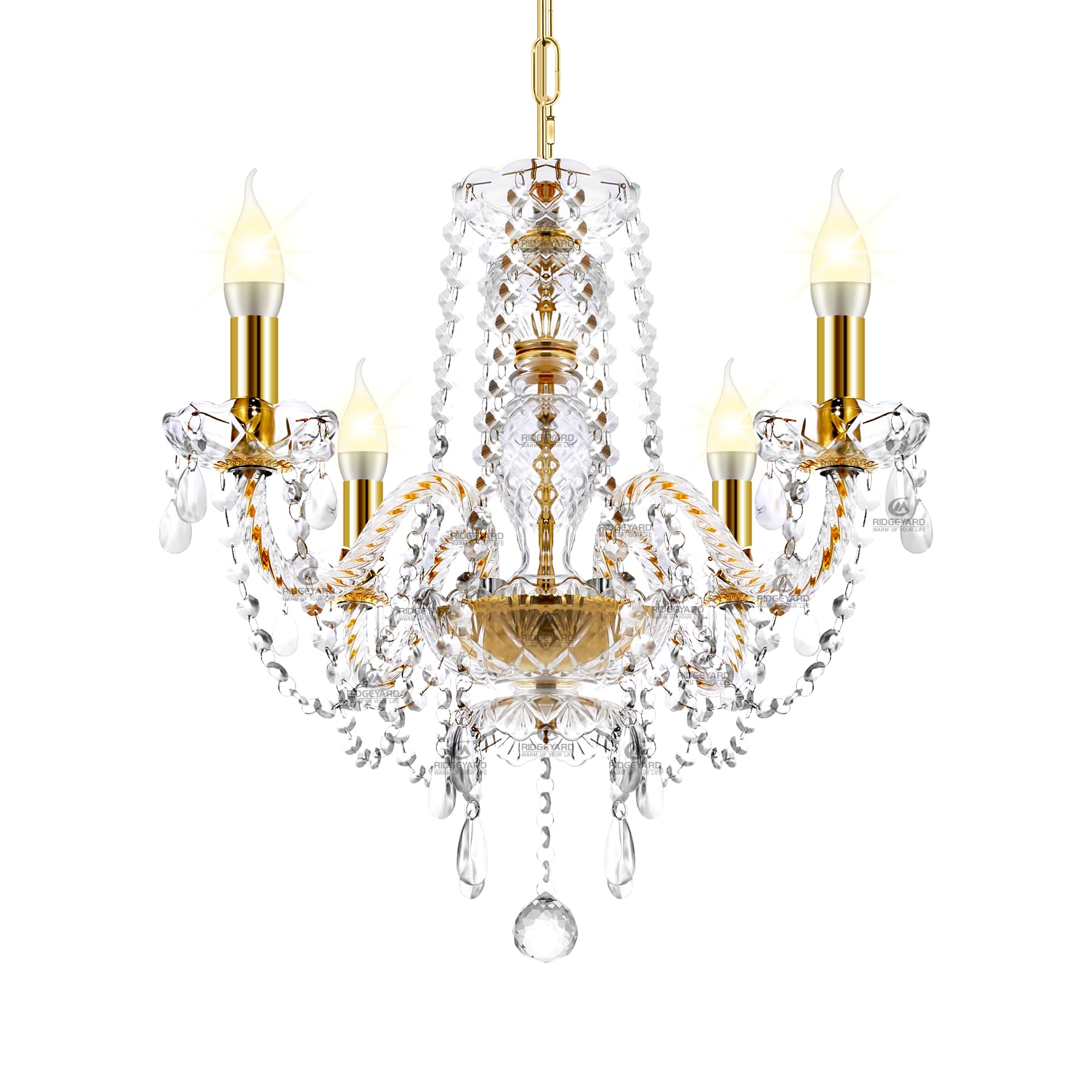 Ridgeyard 4 Arms Gold Crystal Chandelier K5 Crystal Ceiling Light Pendant Lighting Fixtures Lamp with Adjustable Chain Elegant H