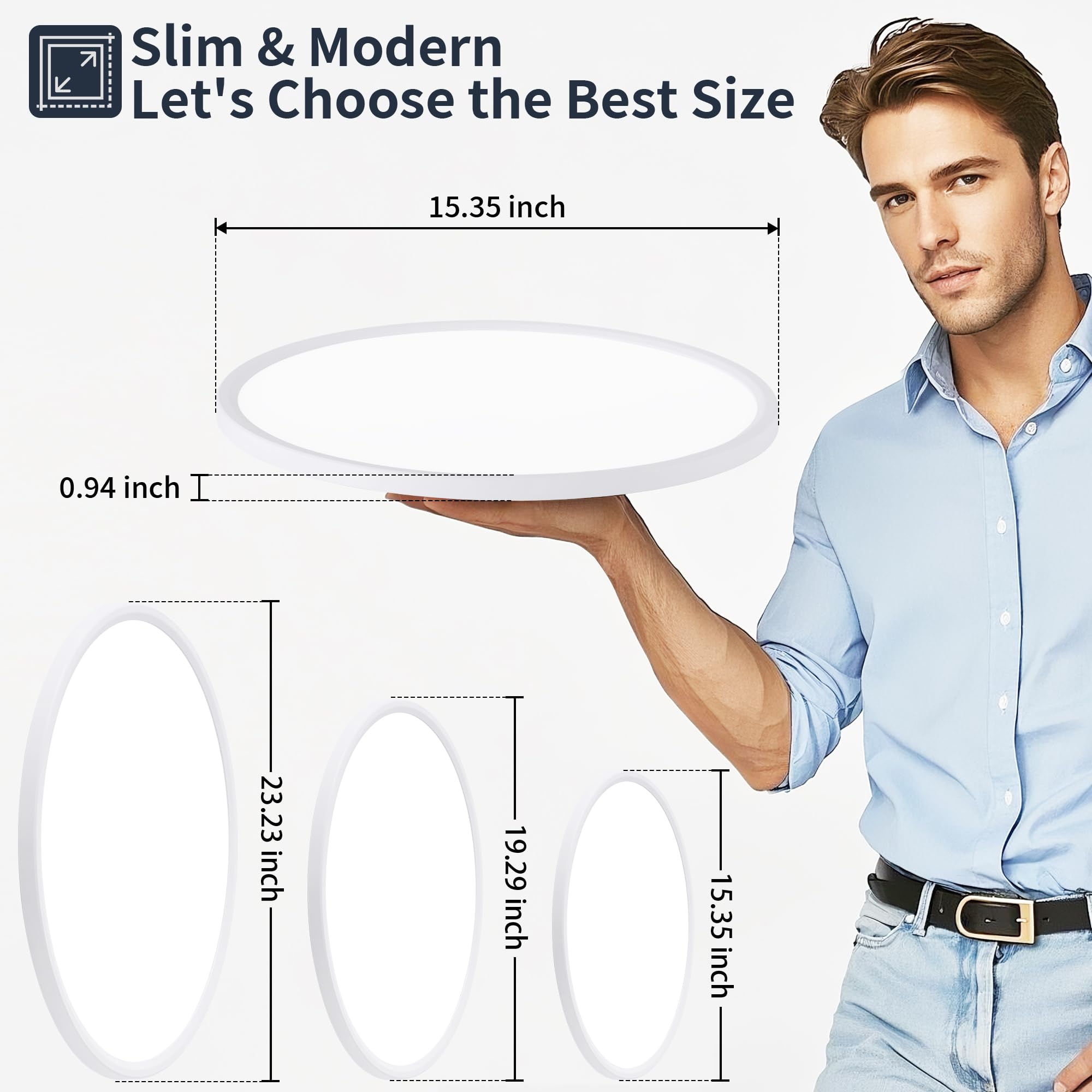 KIWIVIC 15 Inch LED Ceiling Light Fixture, Dimmable, 36W 3600LM, Remote Control, Slim Design, White, Model LT0160-T3-T01