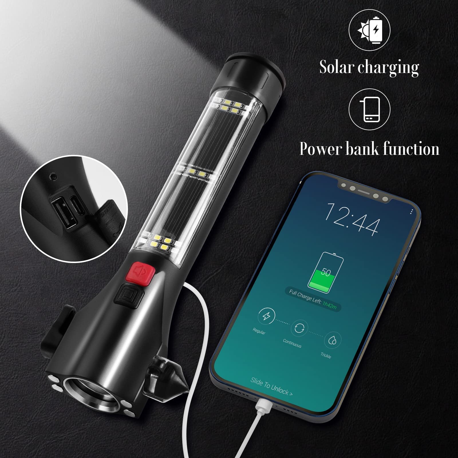 Unicumoo Solar Powered Car Safety Hammer Flashlight With Seatbelt Cutter, Led High Lumens, Red And Blue Sos Flashing, Usb Chargi