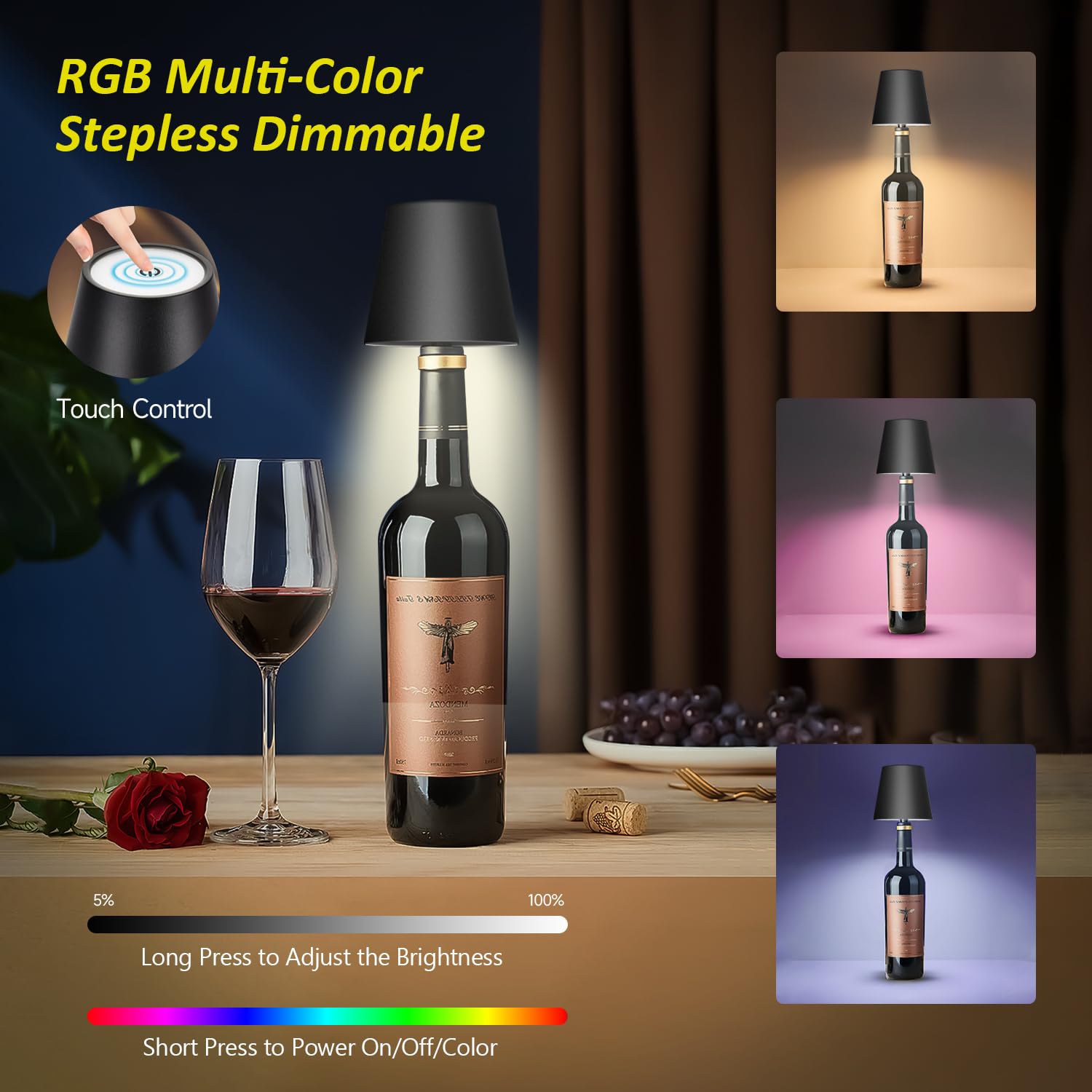 Hoide Wireless Bottle Lamp - LED Night Light Kit, Rechargeable RGB, 5.7in, Plastic, RGB Black