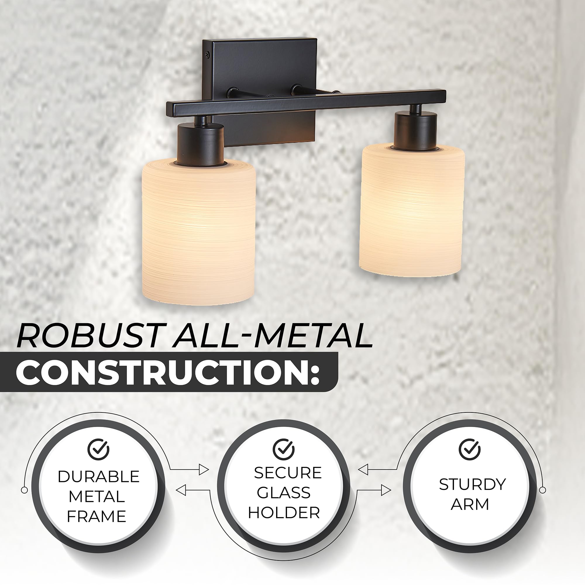 The Door Bull Modern Bathroom Vanity Light, 2 Lights, Matte Black, Milky White Glass Shades, Stainless Steel, Model VNT-1000