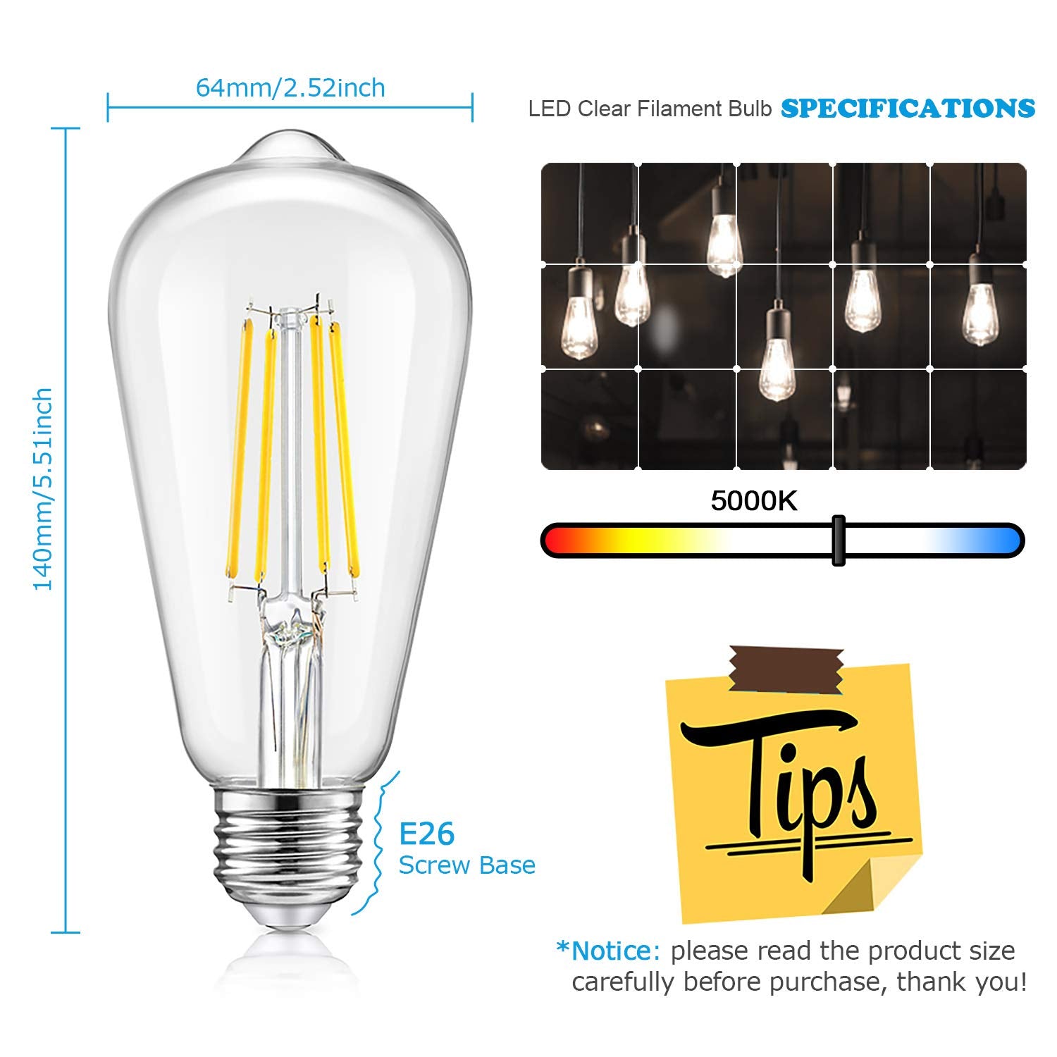 Tobusa Vintage Led Dimmable Edison Bulbs 8W 1200 Lumens 5000K Daylight White,