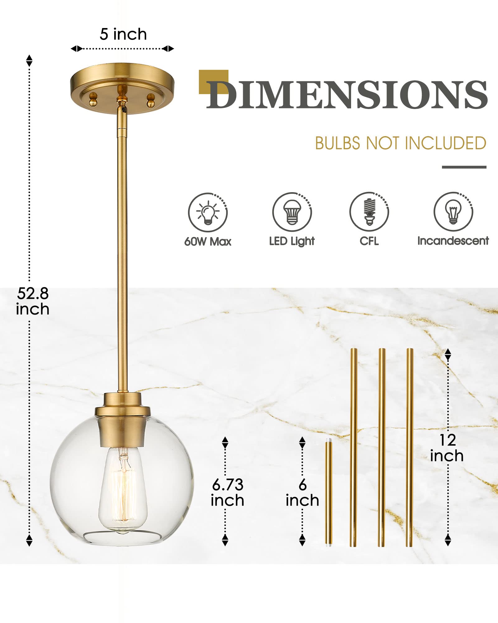 Audickic Brass Pendant Lights Kitchen Island 2 Pack, Farmhouse Gold Pendant Light With Clear Glass Globe Shade, Kitchen Island Lighting For Dining Room Entryway, Ad-22280-1P2-Gd-C