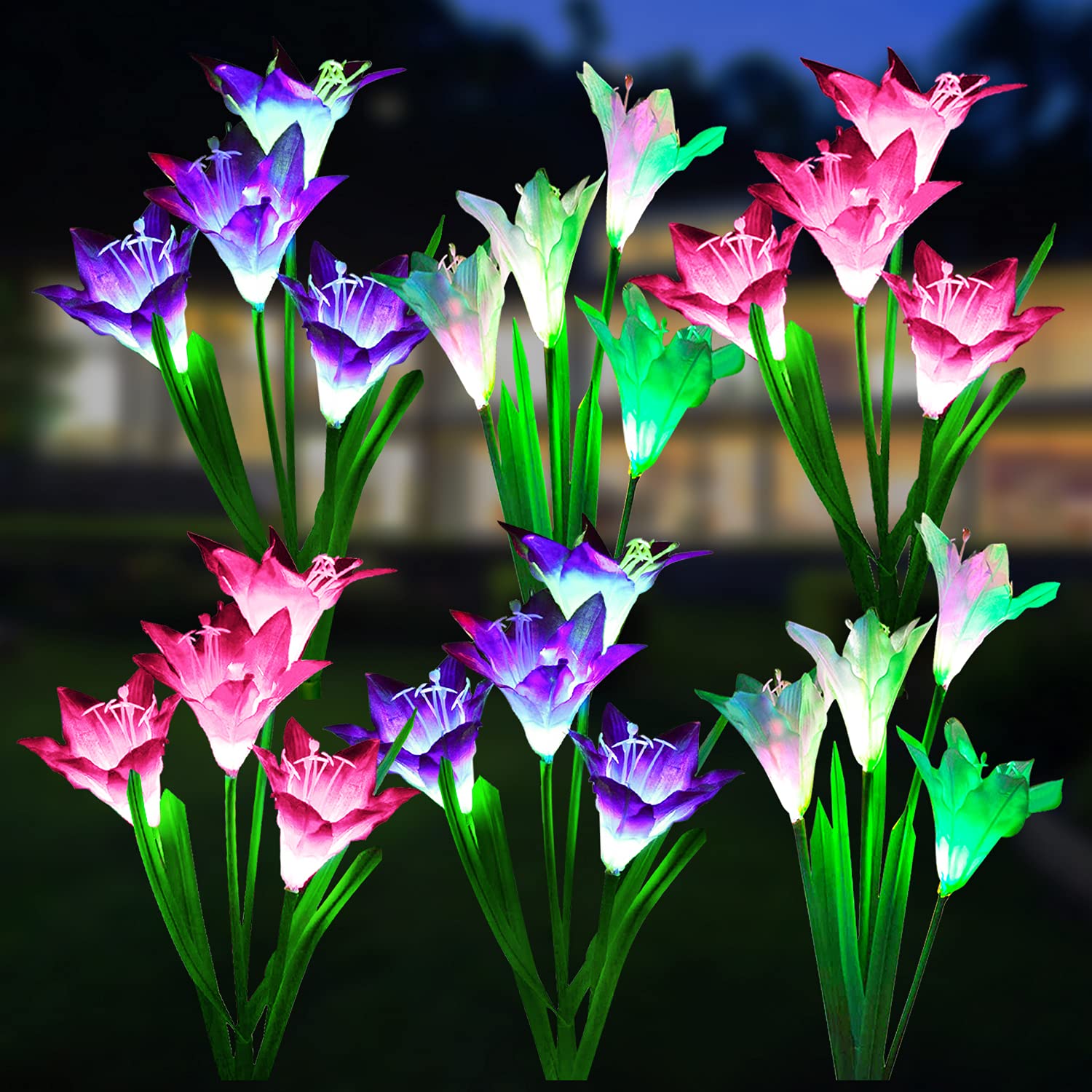 Wdtpro Solar Lights Outdoor Garden Decorative Flowers 6 Pack, Waterproof Solar Garden Lights With 24 Lily Flowers, Multi-Color C
