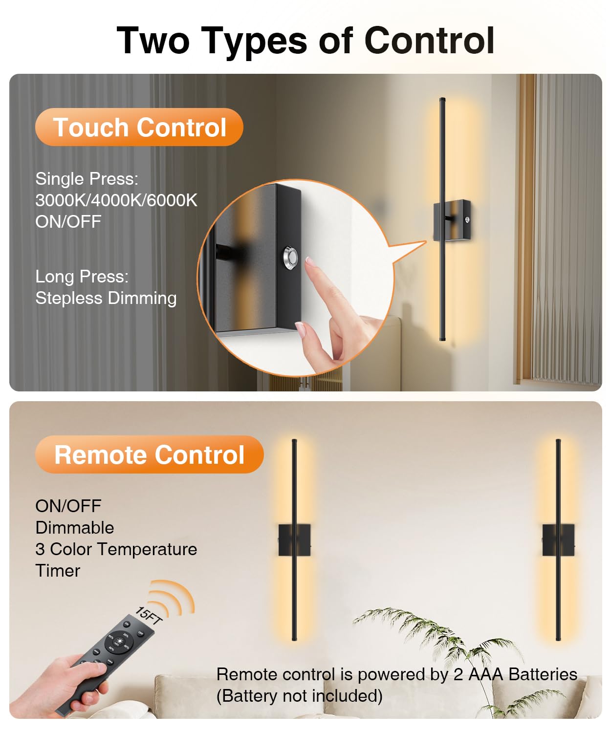 Abovizo Wall Sconces Set of 2, Battery Operated, 3 Color Dimmable, 15000mAh, Remote Control, Black, Model AB55/3A