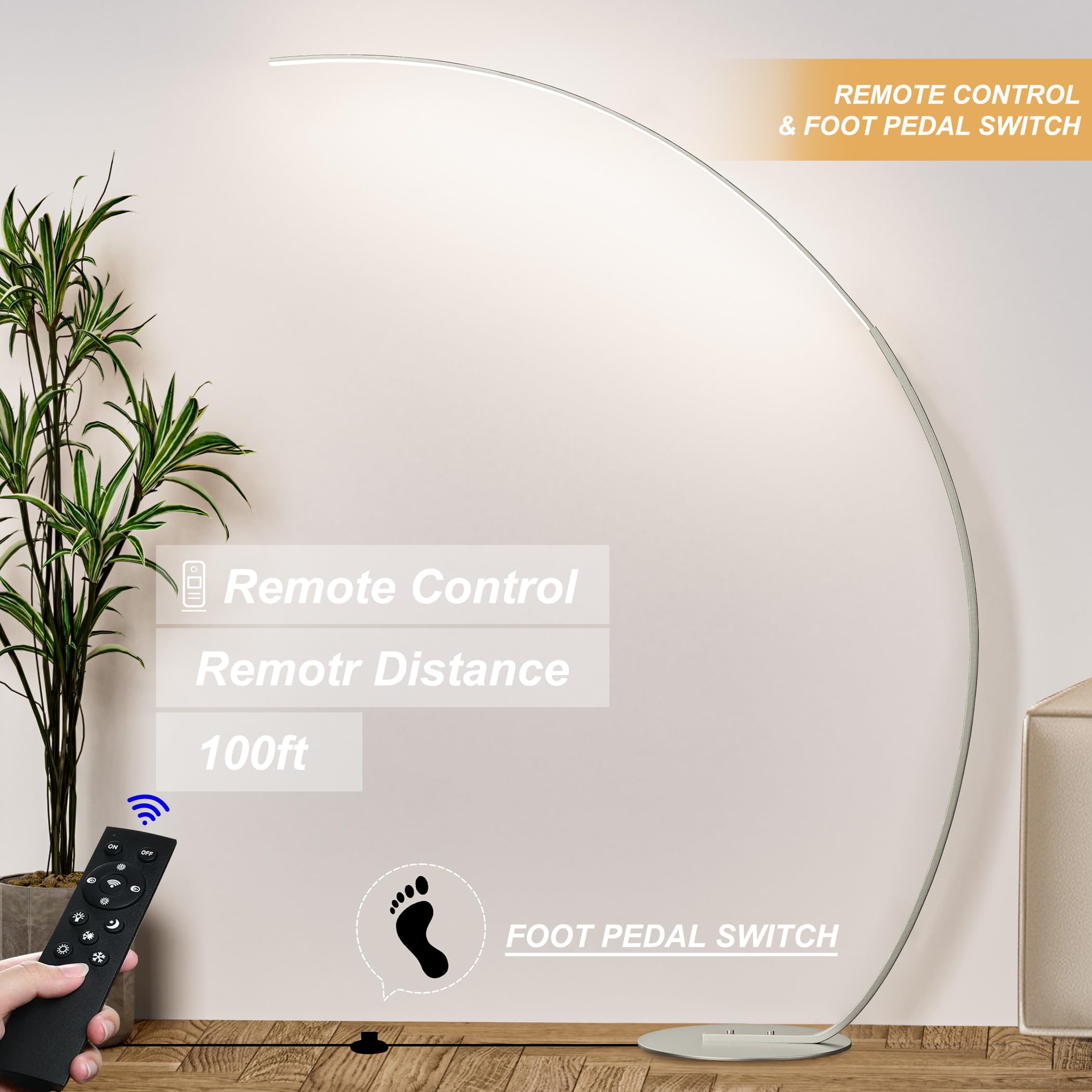 Modern Silver Floor Lamp, 69.99 Inch Arched Standing Floor Lamp For Reading, Silver Led Floor Lamp With Dimmable Adjustable Colo