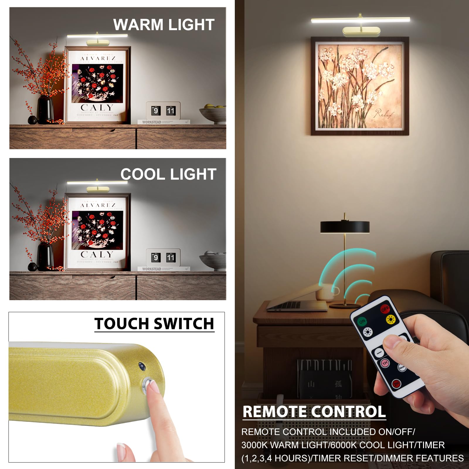 RAIFOOLLY Picture Light - Wireless 16" Accent Light, Gold Metal, Remote Control, Dimmable, Battery Operated, Model RF00300