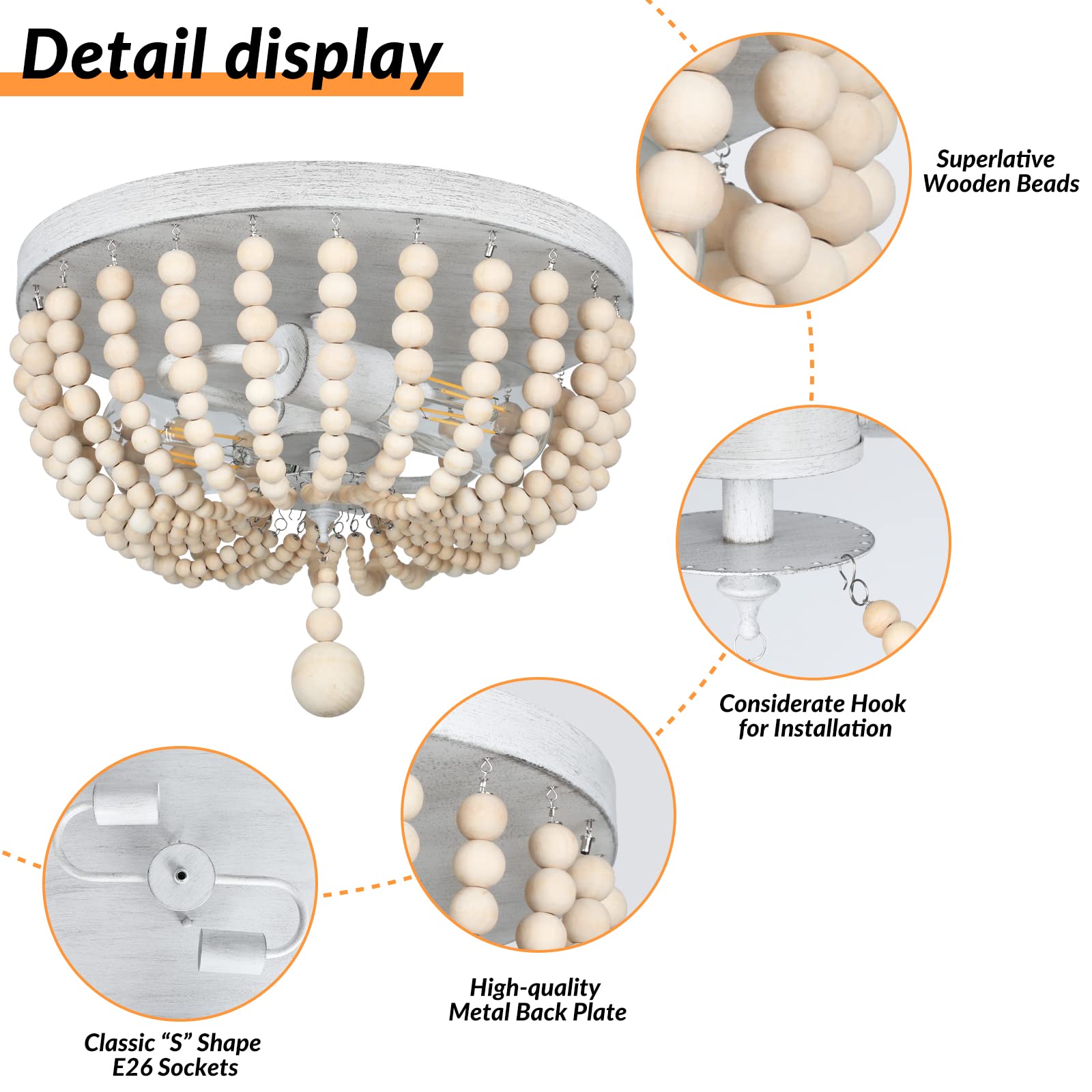 Verron Boho Wood Bead Chandelier, Retro 2-Light Pendant Light, Oak & White, Semi Flush Mount For Living Room, Kitchen, Nursery, Model C3357-02-Sl