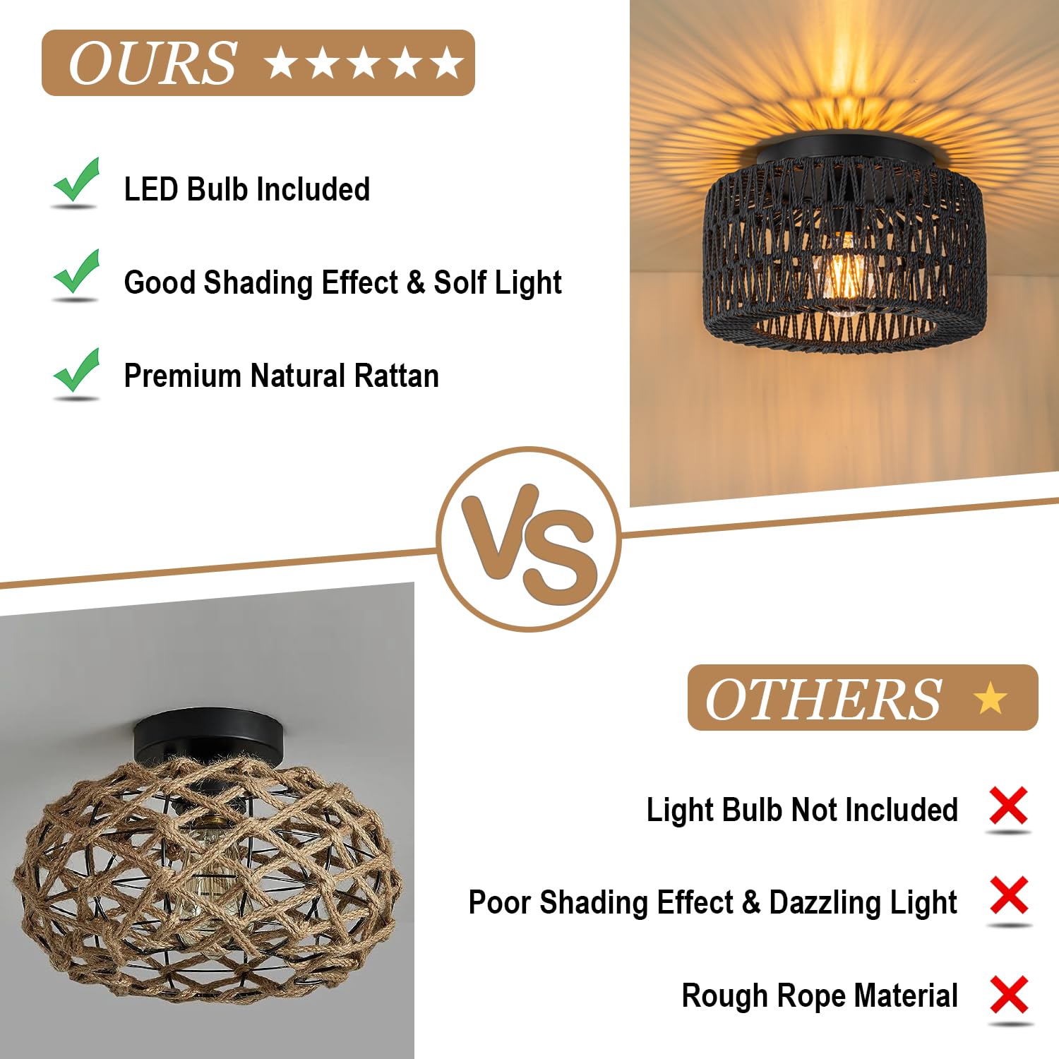 Sinerise Rattan Ceiling Light Fixtures (12-Inch, Led Bulb Included), Hand-Woven Boho Flush Mount Ceiling Light, Rattan Chandelier For Hallway Kitchen Farmhouse Foyer Entryway Living Room(Black)