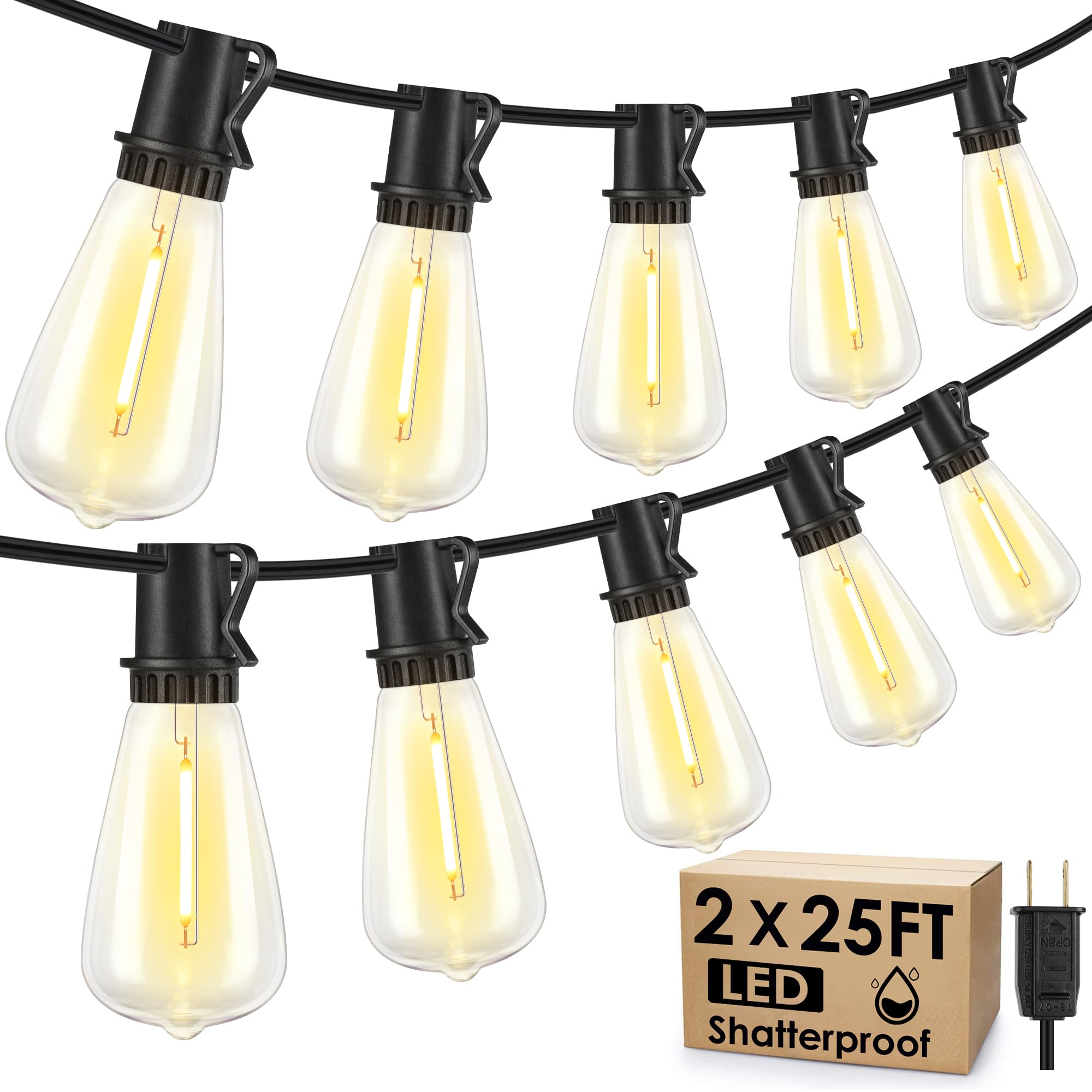 Larkvue Outdoor String Lights, 50FT with 20+2 Dimmable LED ST38 Vintage Bulbs, Waterproof, Black, Model GLS-20J2P-E17-ST38-