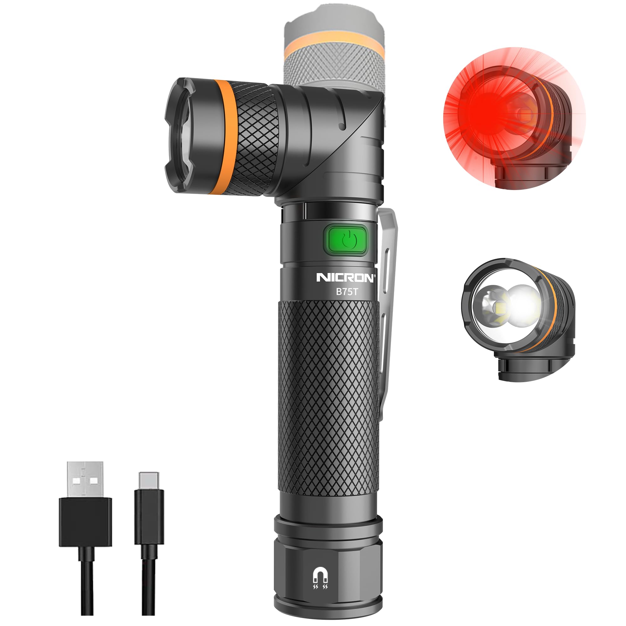 NICRON B75T LED Tactical Flashlight with Red White Dual Light, 90 Degree Rotating Head, Magnetic Base, Pocket Clip for Night Hun