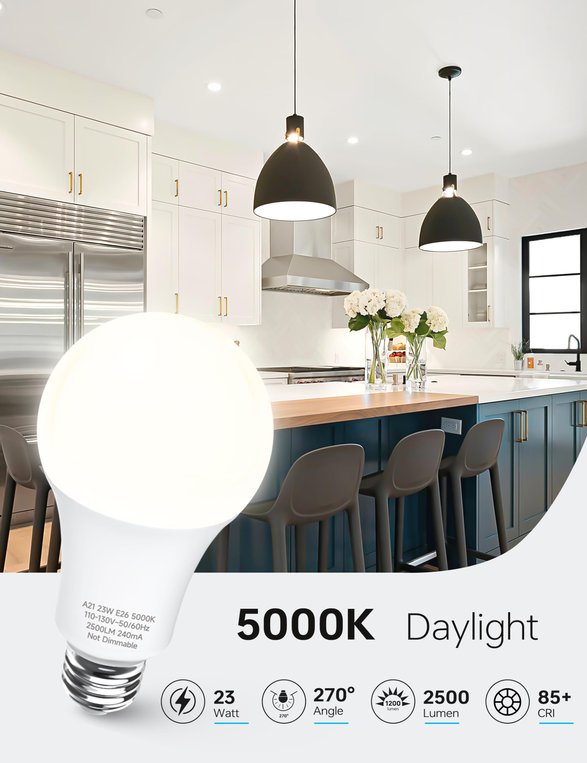 Kindeep 23W Led Bulbs, A21 Super Bright Light Bulb, 150W-200W Incandescent Bulb Equivalent, E26 Led Light Bulbs, 2500 Lumens, Da