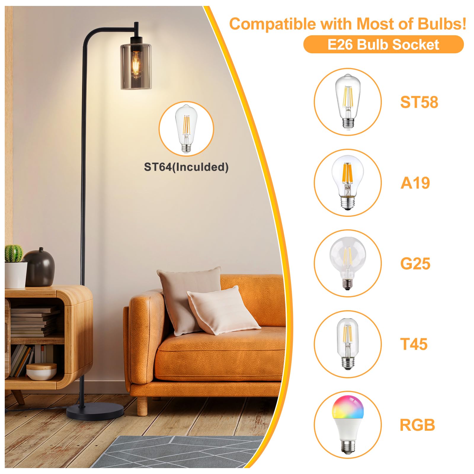 DINGLILIGHTING Floor Lamp - Black Metal Standing Lamp with Grey Glass Shade, Model WSFLL005-BK-4, Ideal for Living Room and Office