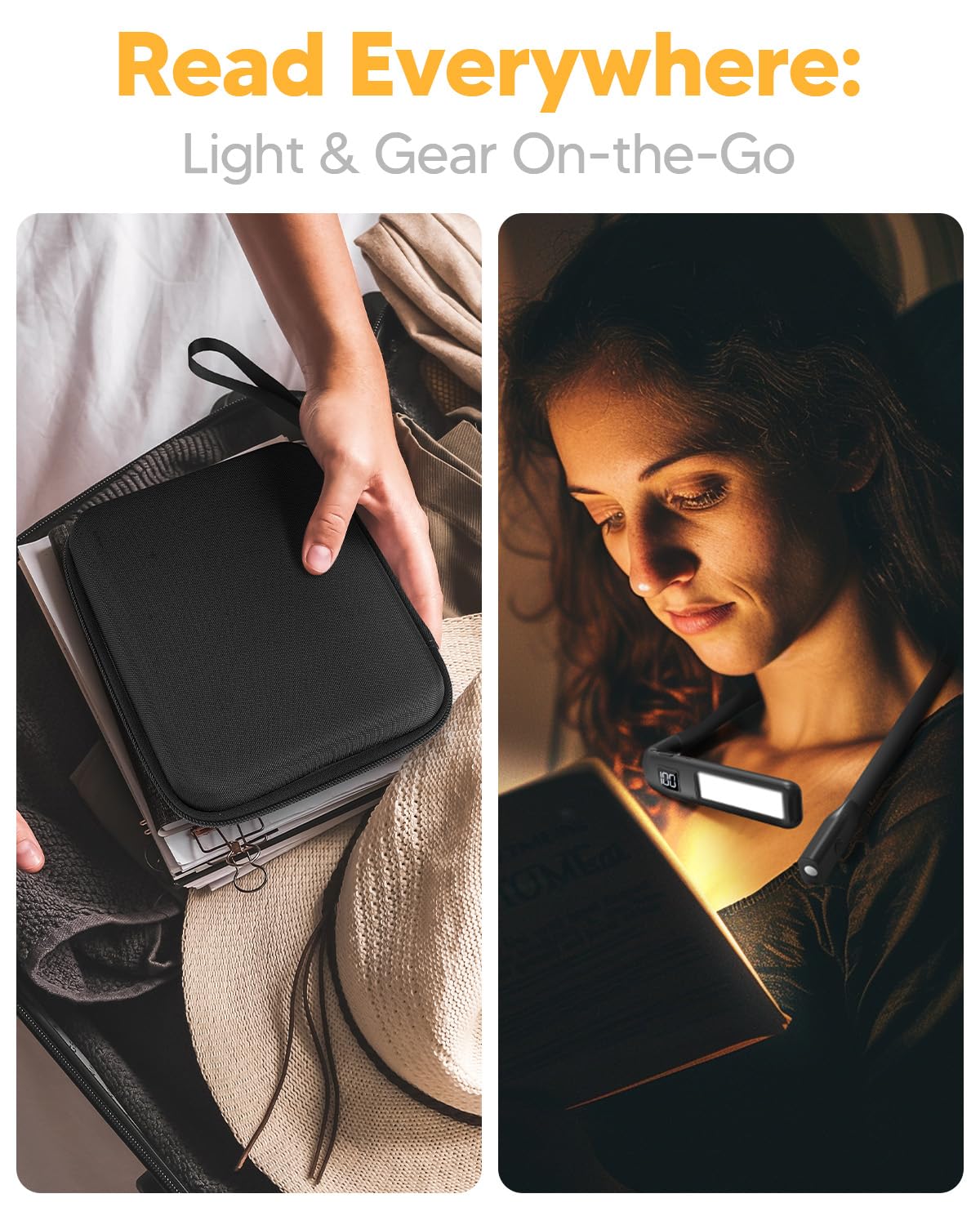 EastPin Rechargeable Book Light with EVA Case, 3 Color Dimmable, Bendable Neck, Black, Model GH-9