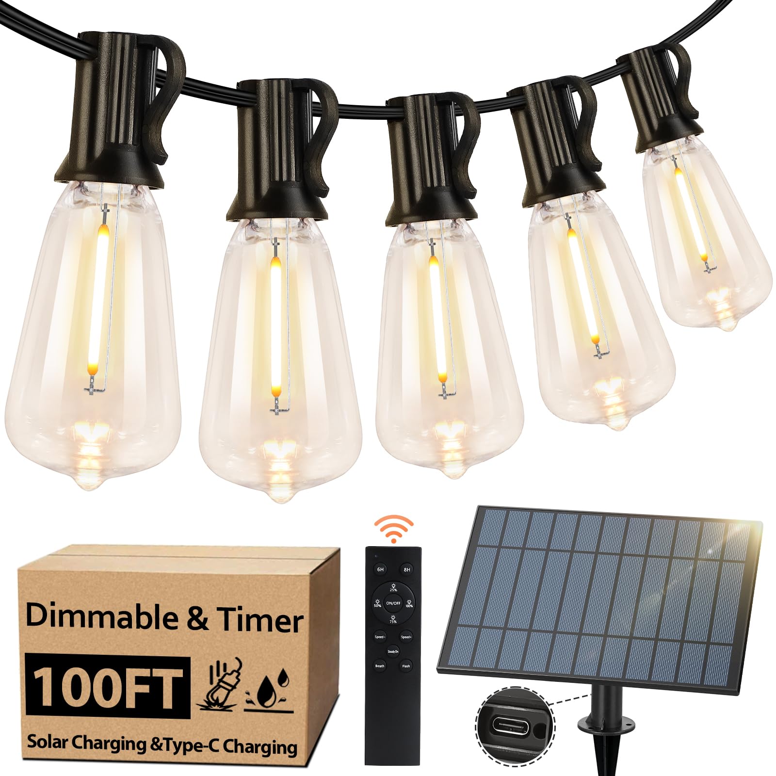 100FT Outdoor Solar String Lights with Remote, USB Rechargeable LED Patio Lights with 52 Timer Dimmable ST38 Edison Bulbs, Enhan